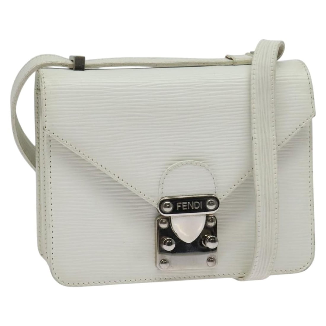 FENDI White Silver Leather Shoulder Bag Made in Italy: FENDI White Silver Leather Shoulder Bag Made in Italy This authentic FENDI shoulder bag features a sleek design in white leather with silver accents, making it a stylish addition to any outfit. Crafte