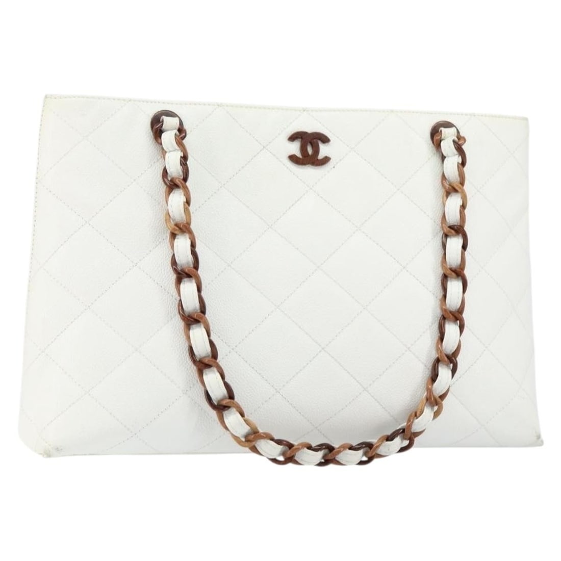 CHANEL Grained Calfskin Tote Bag White Gold Auth BA7751: CHANEL Grained Calfskin Tote Bag White Gold Auth BA7751 This stylish CHANEL tote bag is crafted from luxurious grained calfskin, featuring a stunning white and gold color combination that exudes elega