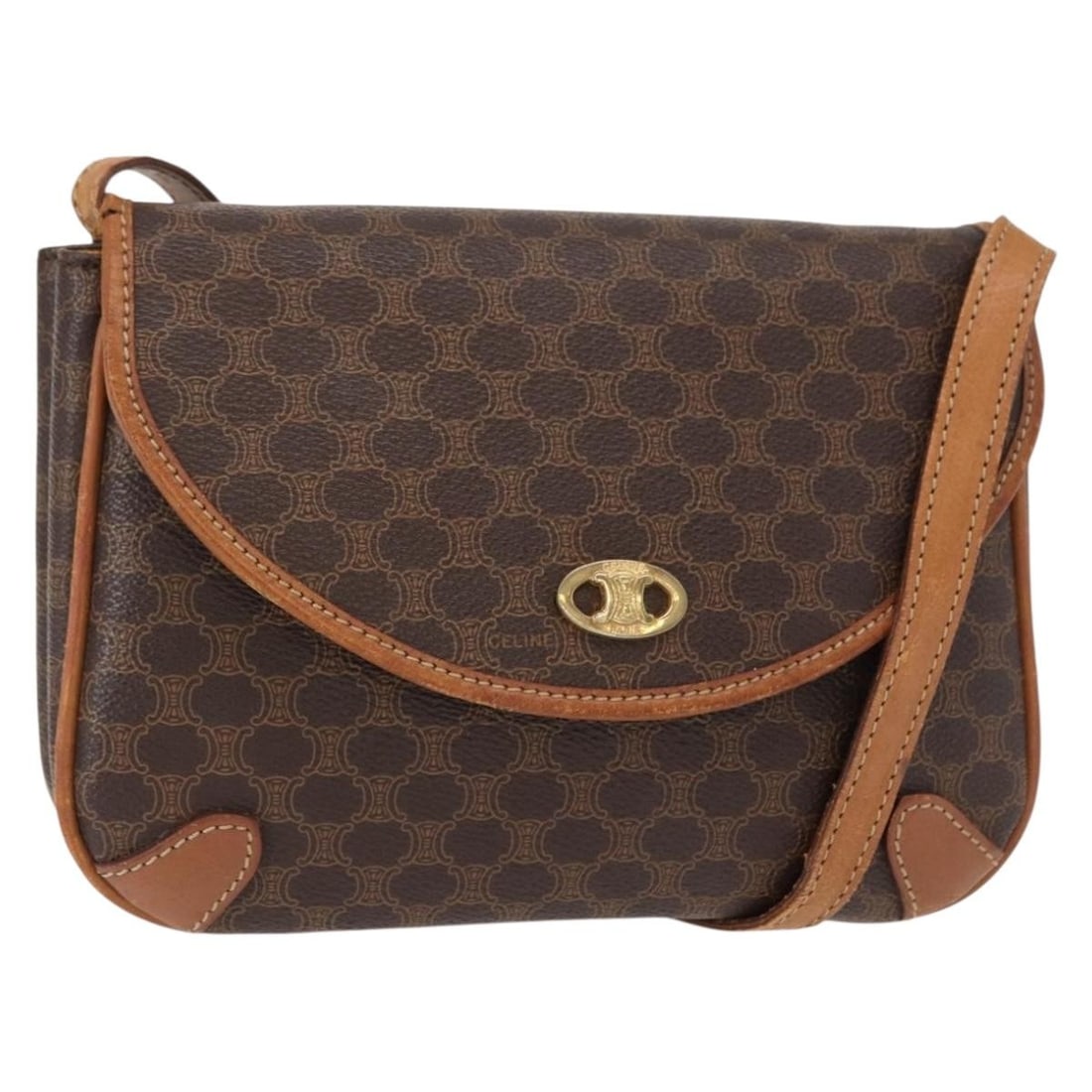 CELINE Macadam Canvas Shoulder Bag PVC Leather Brown Gold Italy: CELINE Macadam Canvas Shoulder Bag PVC Leather Brown Gold Italy This authentic CELINE Macadam Canvas Shoulder Bag is crafted in Italy with a combination of PVC leather and Macadam canvas, showcasing a