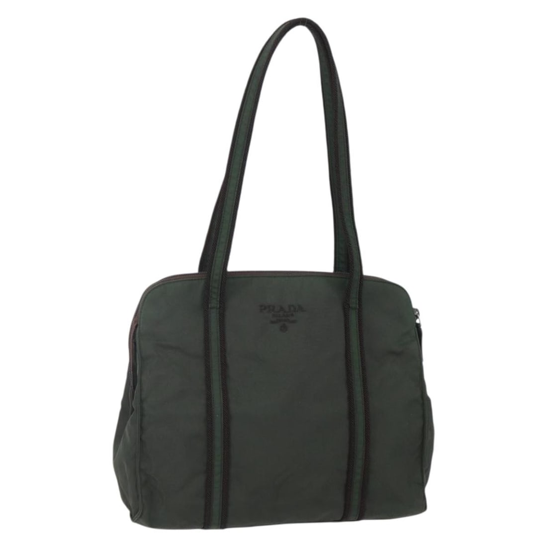 PRADA Khaki Silver Nylon Tote Bag Auth BS30429: PRADA Khaki Silver Nylon Tote Bag Auth BS30429 This PRADA Tote Bag is crafted from durable nylon in a stylish khaki and silver color combination. With dimensions of approximately 11.8 inches in length