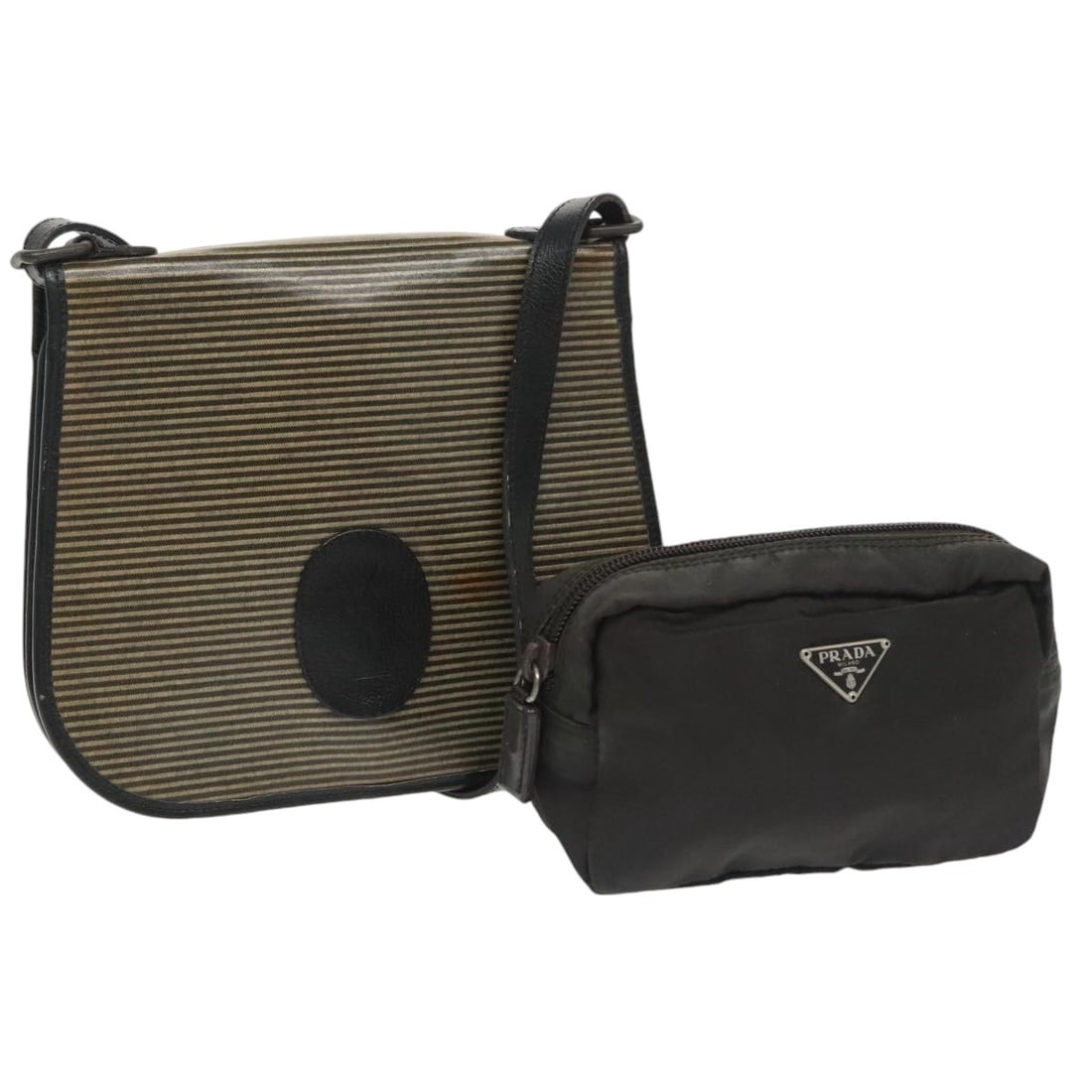 SAINT LAURENT Black Beige Coated Canvas Shoulder Bag 2Set Auth: SAINT LAURENT Black Beige Coated Canvas Shoulder Bag 2Set Auth This stylish shoulder bag from SAINT LAURENT features a chic design crafted from durable coated canvas in a sophisticated black and beige