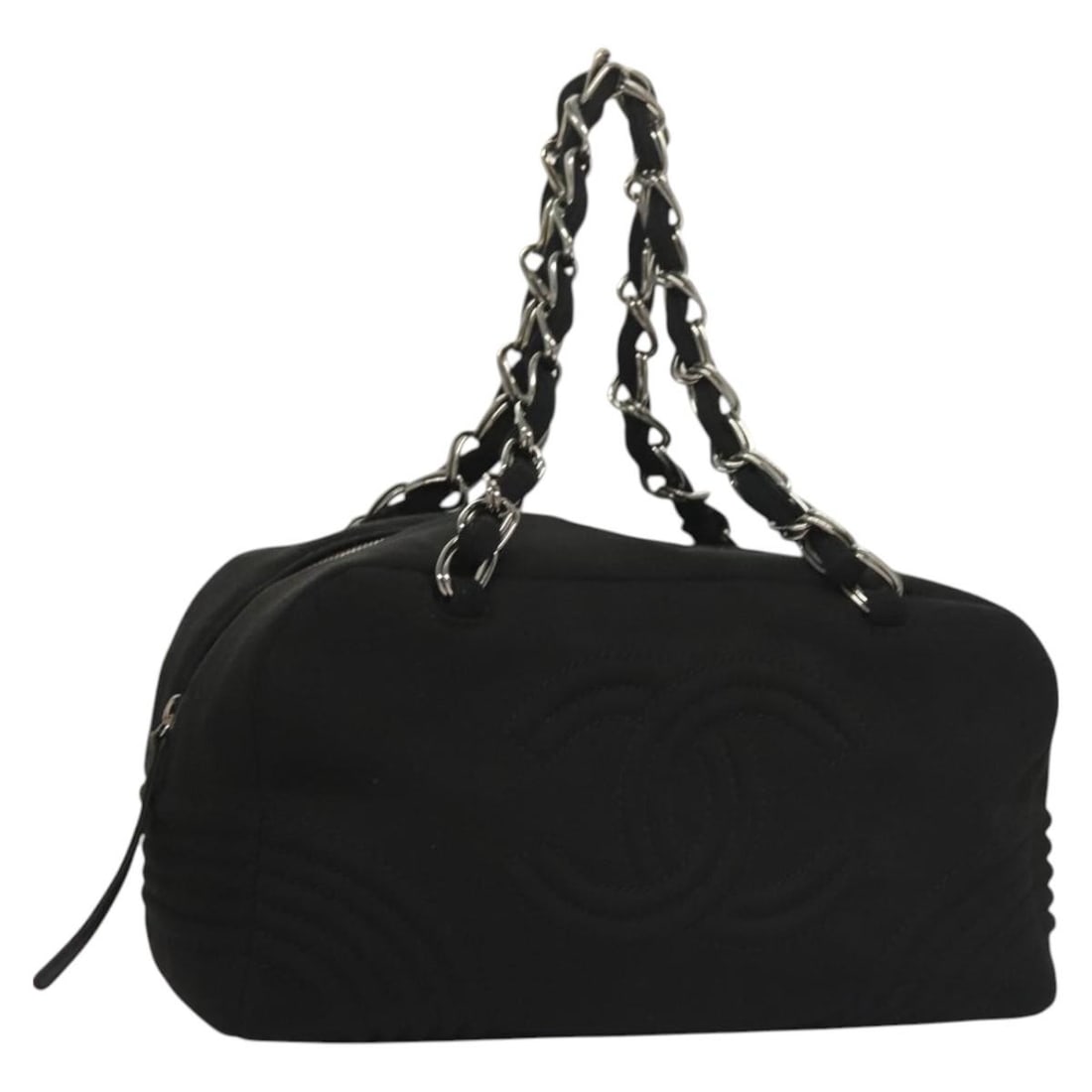 Black Cotton CHANEL Shoulder Bag with Silver Chain CC Logo: Black Cotton CHANEL Shoulder Bag with Silver Chain CC Logo This CHANEL shoulder bag features a black cotton exterior with silver-tone accents and the iconic CC logo. Designed with a chain shoulder str