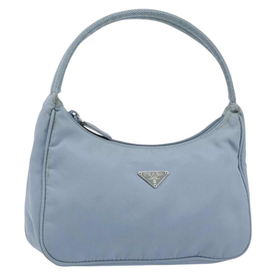 PRADA Nylon Hand Bag Light Blue Silver Authentic BA7770: PRADA Nylon Hand Bag Light Blue Silver Authentic BA7770 This PRADA Hand Bag showcases a stylish design crafted from durable nylon in a light blue and silver color scheme. Made in Italy, this bag is pe