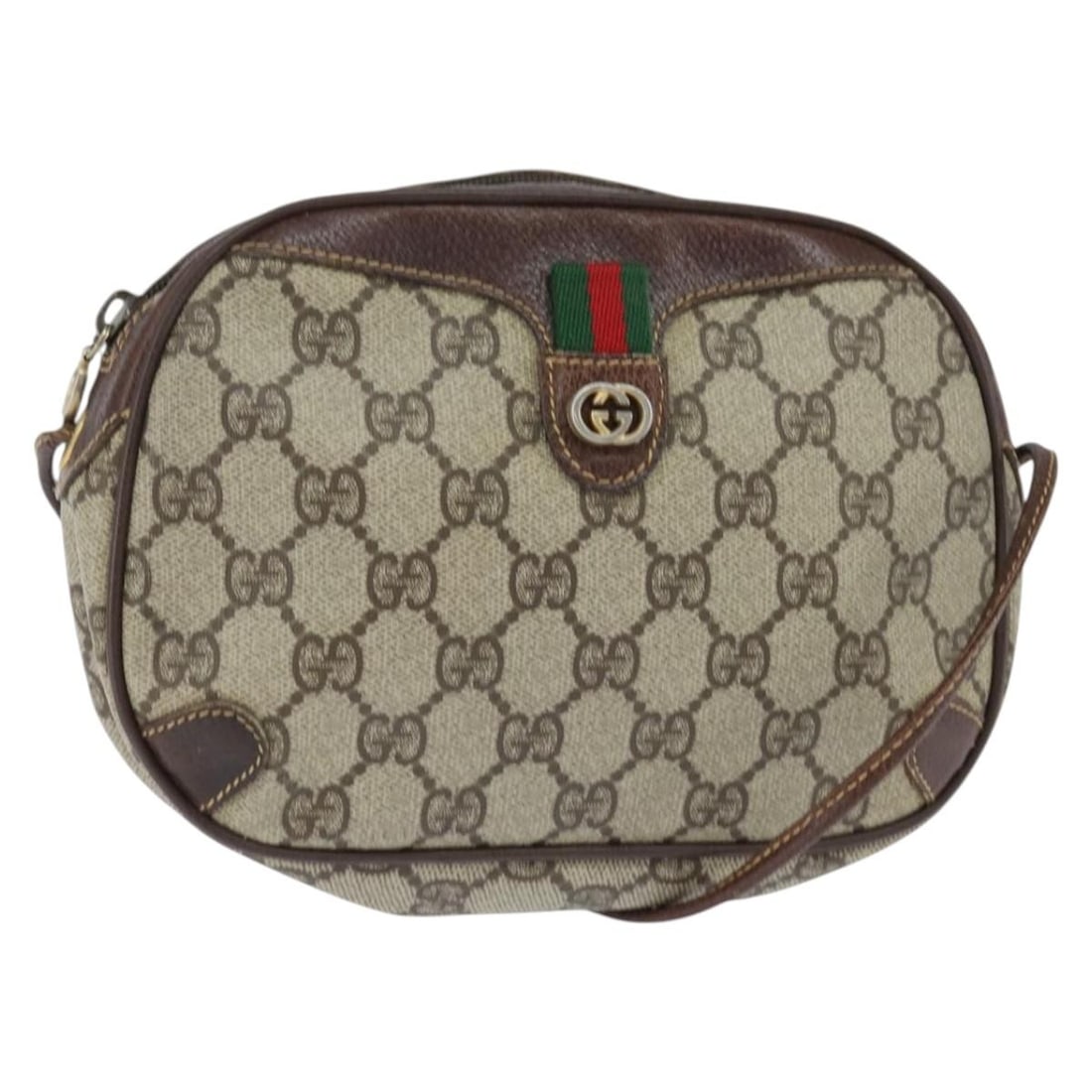 GUCCI GG Supreme Sherry Line Beige Gold Clutch Bag PVC Auth 150444: GUCCI GG Supreme Sherry Line Beige Gold Clutch Bag PVC Auth 150444 Introducing the GUCCI GG Supreme Web Sherry Line Clutch Bag, a luxurious accessory crafted from durable PVC leather in an elegant bei