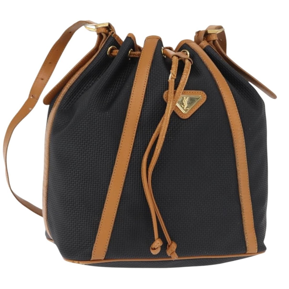 Black Coated Canvas Saint Laurent Shoulder Bag with Gold Accents: Black Coated Canvas Saint Laurent Shoulder Bag with Gold Accents This Saint Laurent shoulder bag is crafted from black and gold coated canvas and features a classic silhouette. The bag offers an adjus