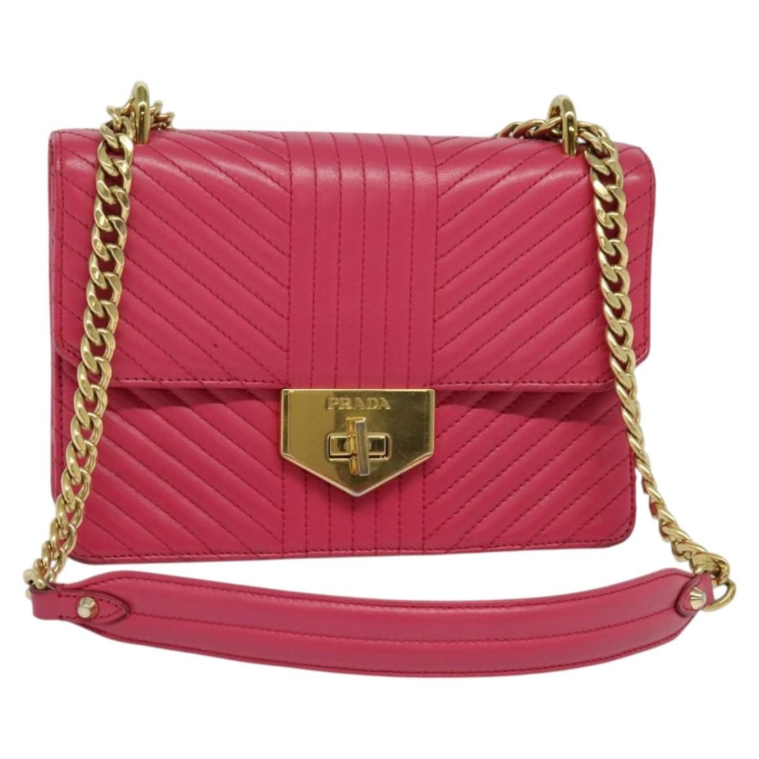 PRADA Pink Gold Leather Chain Shoulder Bag Auth 122903 Italy: PRADA Pink Gold Leather Chain Shoulder Bag Auth 122903 Italy Introducing a stylish PRADA Chain Shoulder Bag, crafted from high-quality leather in an elegant pink and gold color scheme. This chic shoul