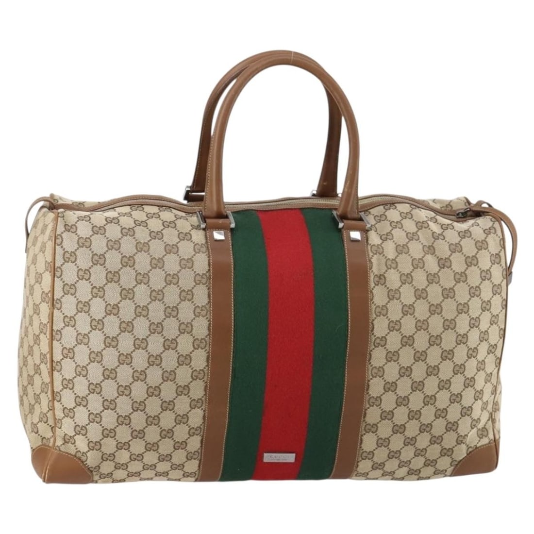 GUCCI GG Canvas Sherry Line Boston Bag Beige Green Red Italy Auth 148391 (1 of 18)
