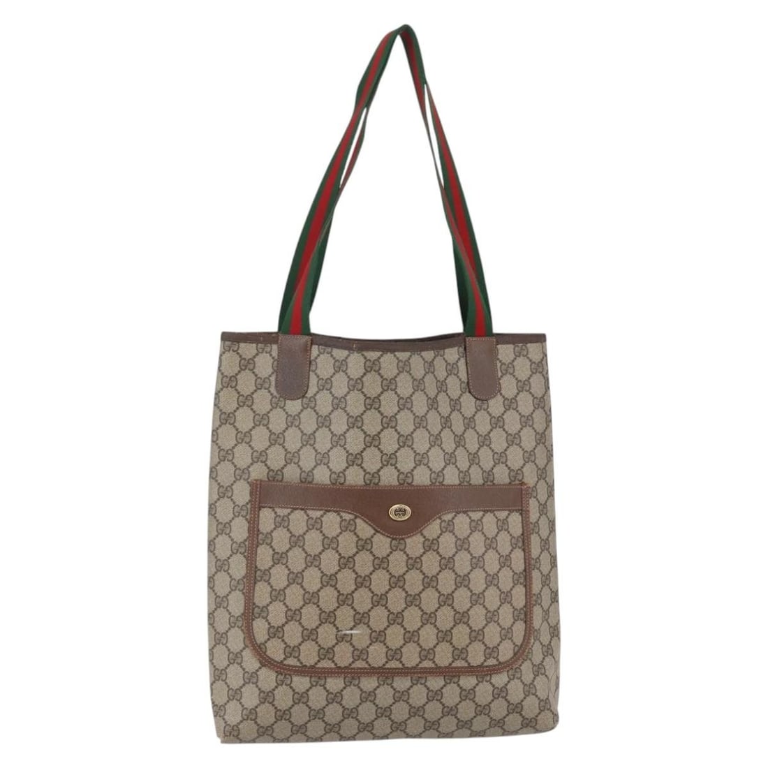 GUCCI GG Supreme Web Sherry Line Beige Red Tote Bag Auth 144531: GUCCI GG Supreme Web Sherry Line Beige Red Tote Bag Auth 144531 Introducing the GUCCI GG Supreme Web Sherry Line Tote Bag, an exquisite accessory crafted from durable PVC leather in a stylish beige an