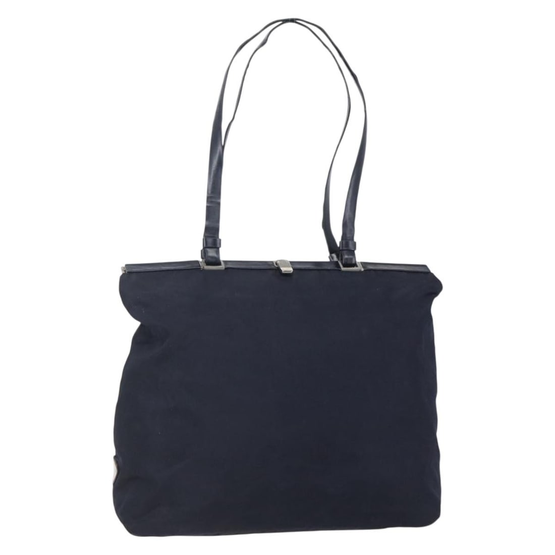 PRADA Nylon Tote Bag Navy Silver Authentic with Dust Bag: PRADA Nylon Tote Bag Navy Silver Authentic with Dust Bag This authentic PRADA tote bag combines functionality with a stylish design. Crafted in Italy from durable nylon, it features a chic navy and si