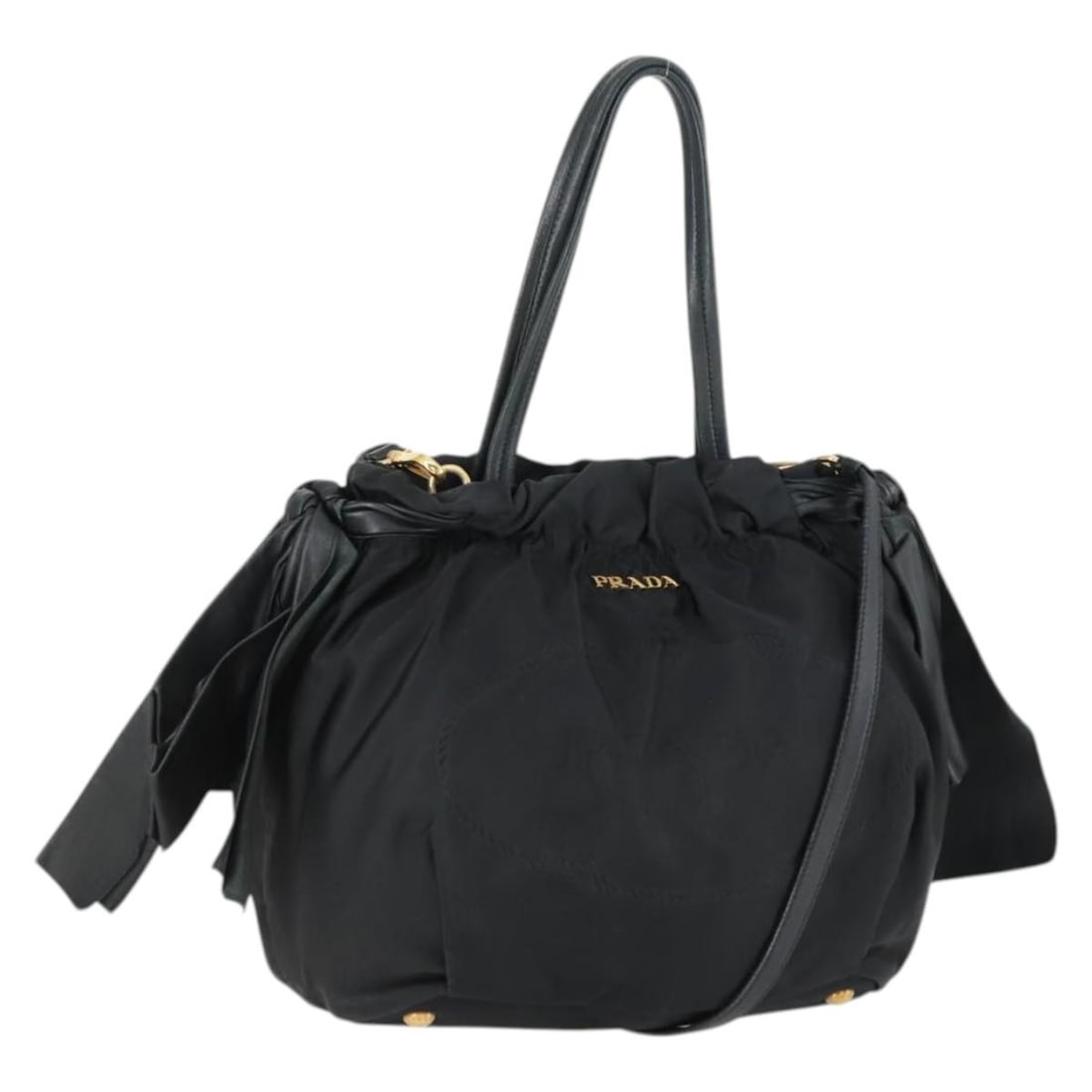 Black Nylon and Leather PRADA 2way Tote Shoulder Bag with Gold Accents: Black Nylon and Leather PRADA 2way Tote Shoulder Bag with Gold Accents This authentic PRADA 2-way tote bag is crafted from black nylon with leather accents and features both top handles and a removabl