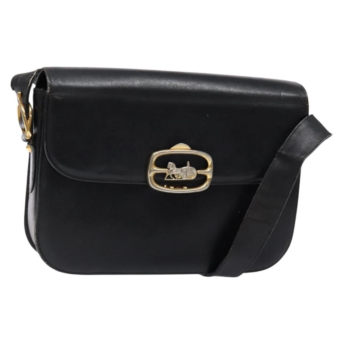 CELINE Leather Shoulder Bag Black Gold Made in Italy: CELINE Leather Shoulder Bag Black Gold Made in Italy This authentic CELINE Shoulder Bag combines elegance and practicality, featuring a classic black leather exterior complemented by gold accents. Des