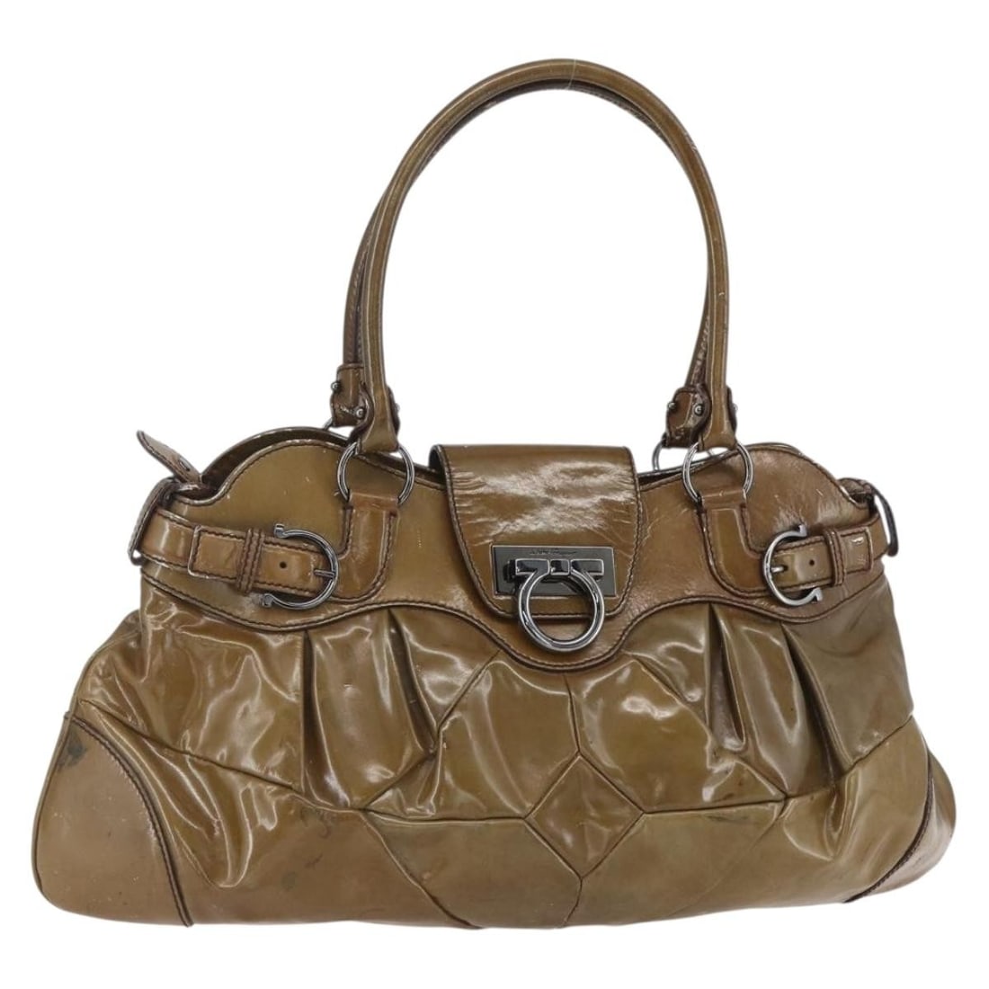 Salvatore Ferragamo Gancini Shoulder Bag Brown Silver Enamel Auth: Salvatore Ferragamo Gancini Shoulder Bag Brown Silver Enamel Auth This Salvatore Ferragamo Gancini Shoulder Bag is a stylish and functional accessory crafted in Italy. It features a luxurious brown an