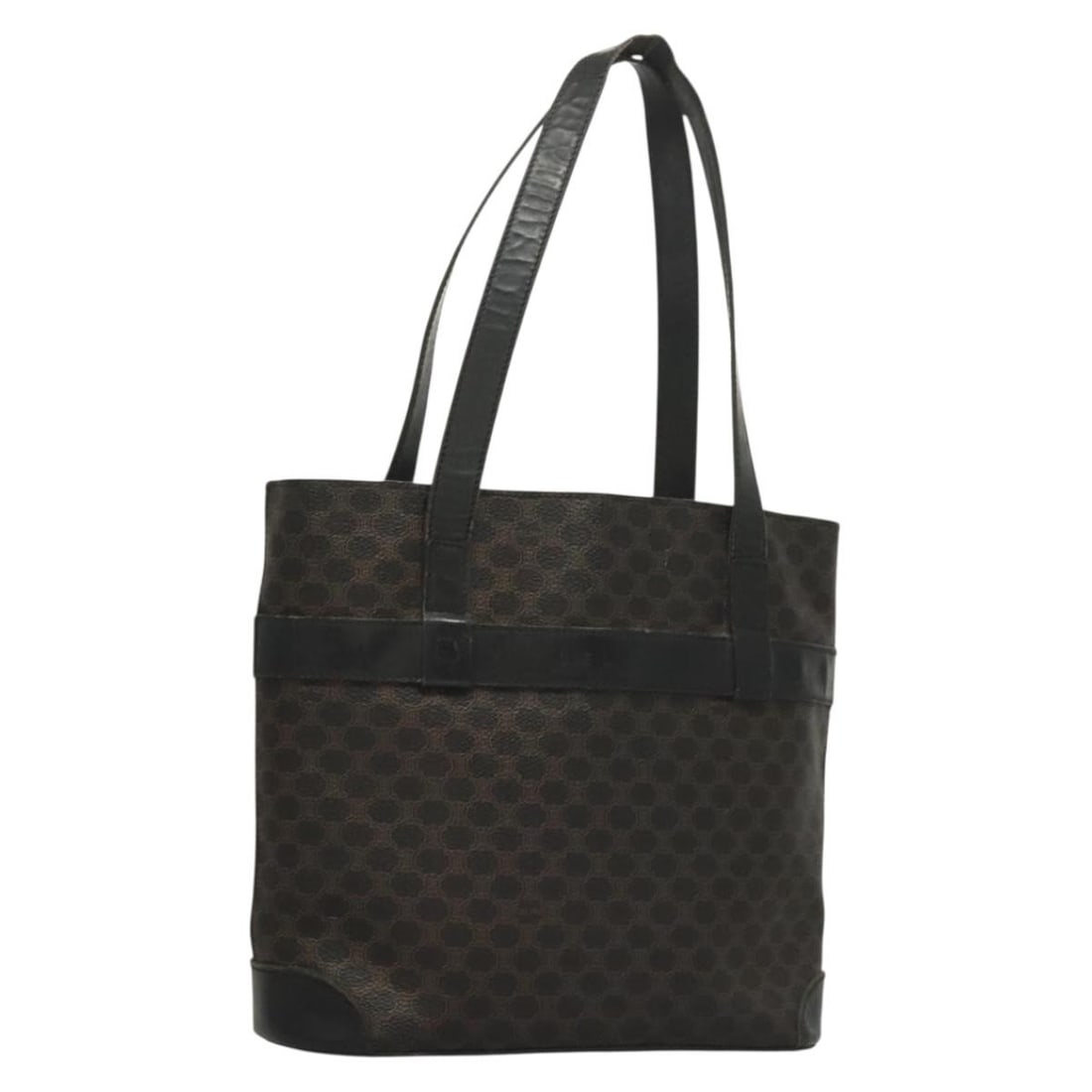 CELINE Macadam Canvas Hand Bag Black Gold PVC Leather Italy Auth 134008: CELINE Macadam Canvas Hand Bag Black Gold PVC Leather Italy Auth 134008 This CELINE Macadam Canvas Hand Bag is a stylish accessory crafted from durable PVC leather, showcasing a sophisticated black an