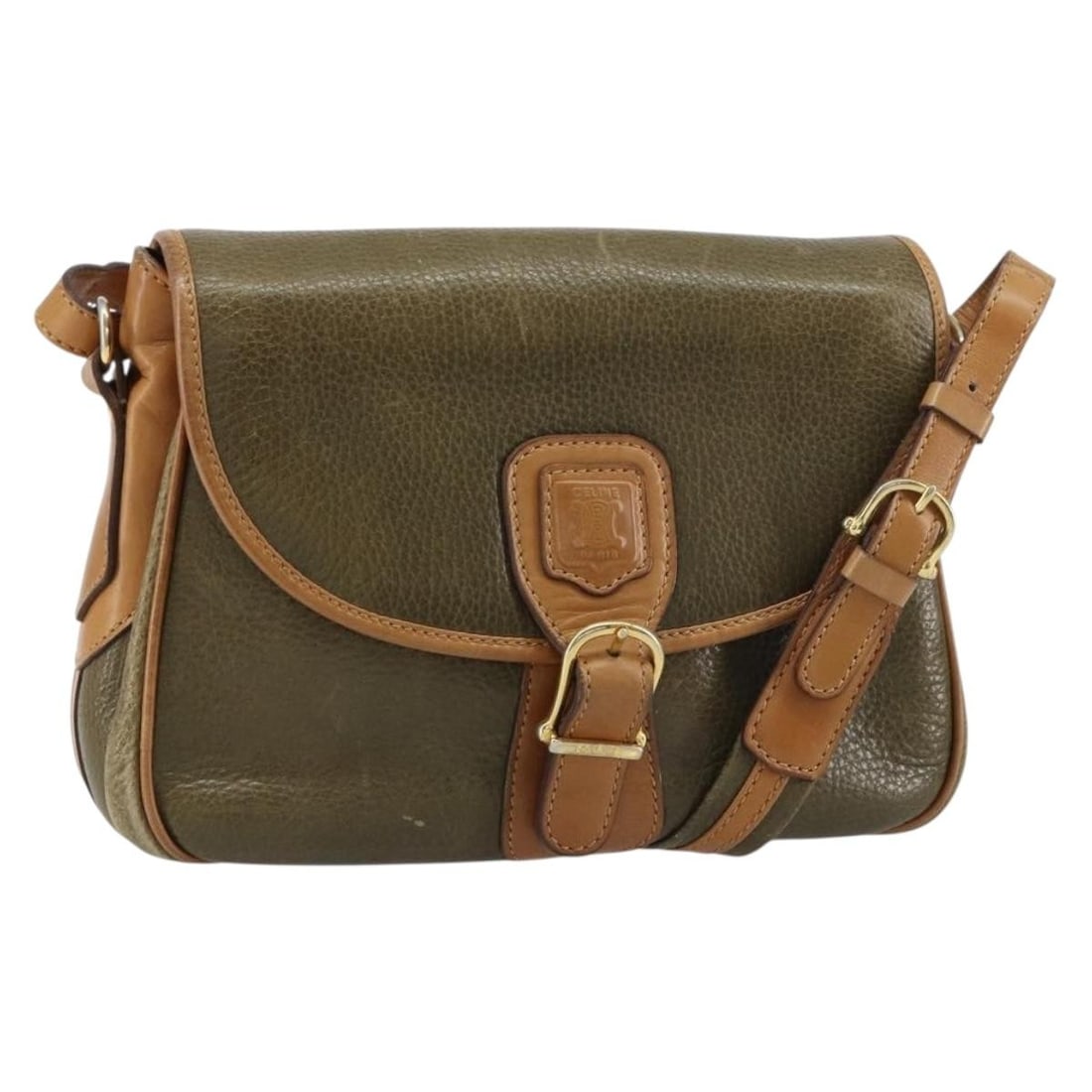 CELINE Khaki Gold Leather Shoulder Bag BA8678 Italy: CELINE Khaki Gold Leather Shoulder Bag BA8678 Italy This elegant CELINE shoulder bag combines luxury and practicality, crafted from high-quality leather in a sophisticated khaki and gold color