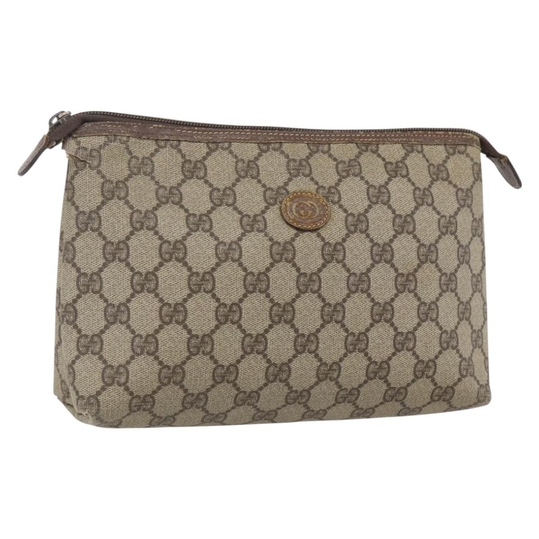 GUCCI GG Supreme Beige Gold PVC Leather Pouch Auth 014 115 6088: GUCCI GG Supreme Beige Gold PVC Leather Pouch Auth 014 115 6088 This authentic GUCCI GG Supreme Pouch combines luxury with practical design, crafted from high-quality PVC leather in a sophisticated be