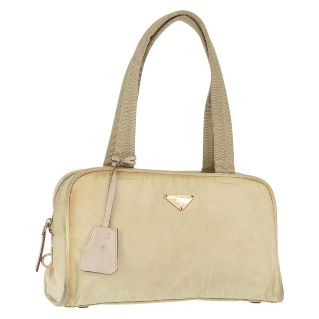 Prada Beige Gold Nylon Handbag Made in Italy: Prada Beige Gold Nylon Handbag Made in Italy This PRADA handbag is crafted from beige and gold nylon, offering a stylish and functional accessory. Made in Italy, it features a top handle with a drop o