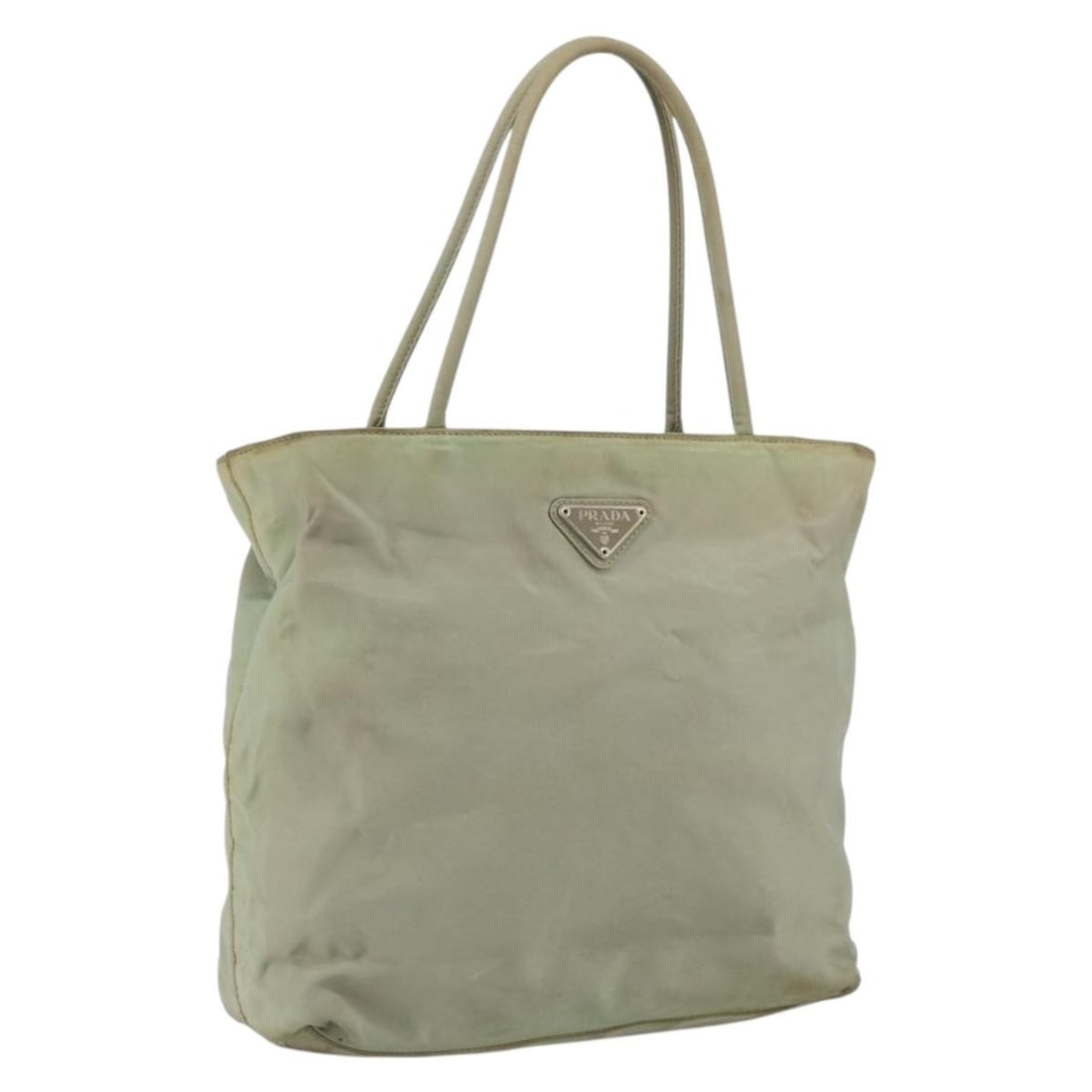 Prada Nylon Handbag in Khaki and Silver with 5.9 Inch Handle Drop: Prada Nylon Handbag in Khaki and Silver with 5.9 Inch Handle Drop This PRADA handbag is crafted from nylon in a khaki and silver color combination. It features a compact design with dimensions suitabl