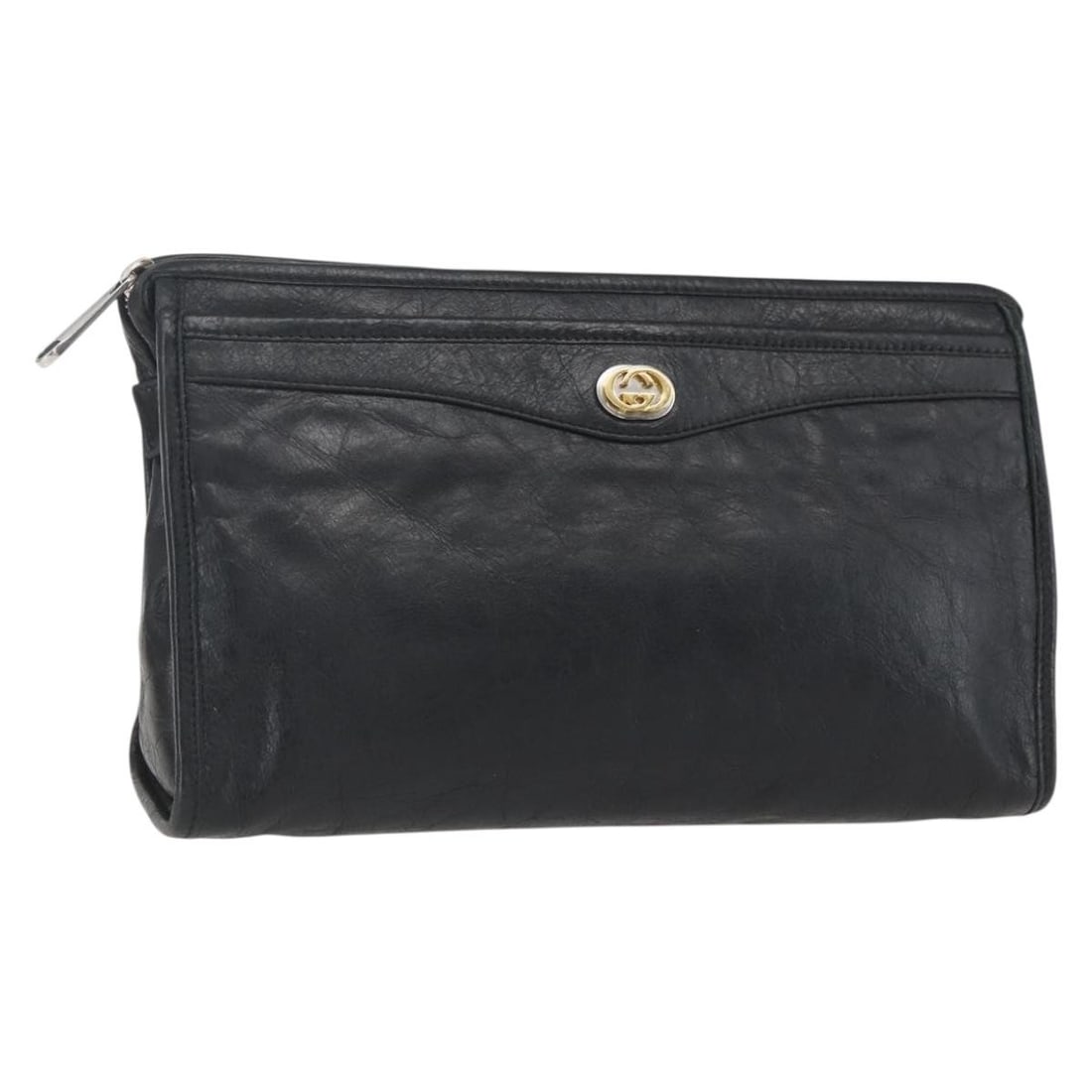 Black Leather Gucci Clutch with Gold Accents Model 575991: Black Leather Gucci Clutch with Gold Accents Model 575991 This is a GUCCI clutch bag crafted from black leather with gold-tone accents. Made in Italy, the bag features a sleek silhouette and is design