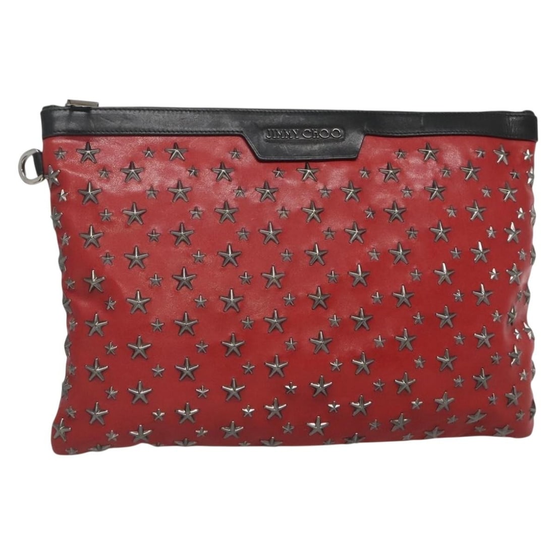 Jimmy Choo Red Black Leather Studs Clutch Bag Made in Italy: Jimmy Choo Red Black Leather Studs Clutch Bag Made in Italy This stunning Jimmy Choo clutch bag showcases a captivating red and black leather exterior, perfect for adding a touch of elegance to any ou