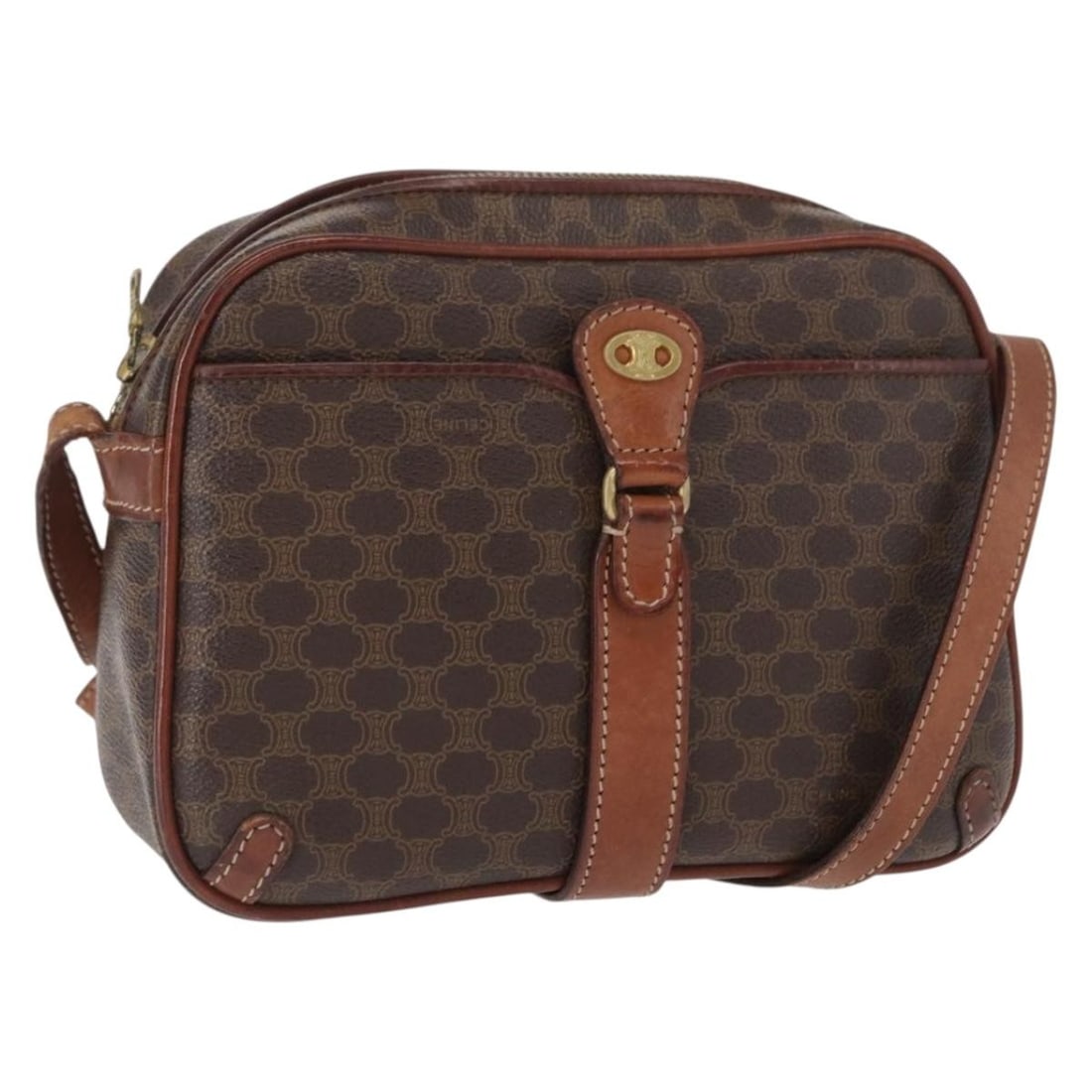 Celine Macadam Brown PVC and Leather Shoulder Bag Gold Tone Made in Italy: Celine Macadam Brown PVC and Leather Shoulder Bag Gold Tone Made in Italy This CELINE shoulder bag features the signature Macadam canvas and PVC leather in a stylish brown and gold color combination.