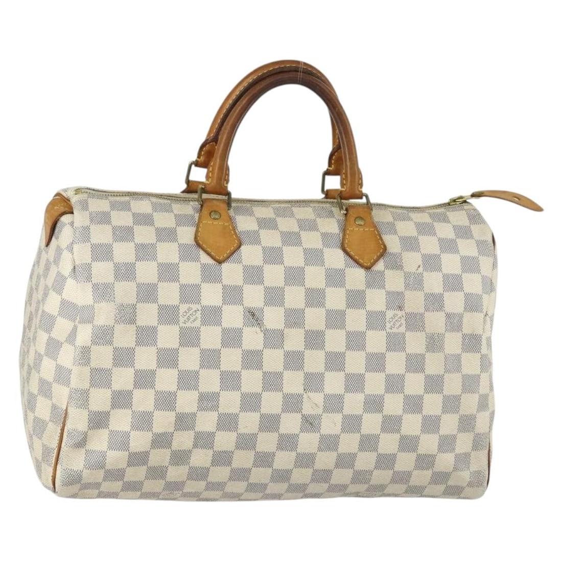 Louis Vuitton Damier Azur Canvas Speedy 35 N41535 Handbag from France: Louis Vuitton Damier Azur Canvas Speedy 35 N41535 Handbag from France This Louis Vuitton Speedy 35 handbag features the signature Damier Azur canvas and is crafted in France. The bag is heavily used a