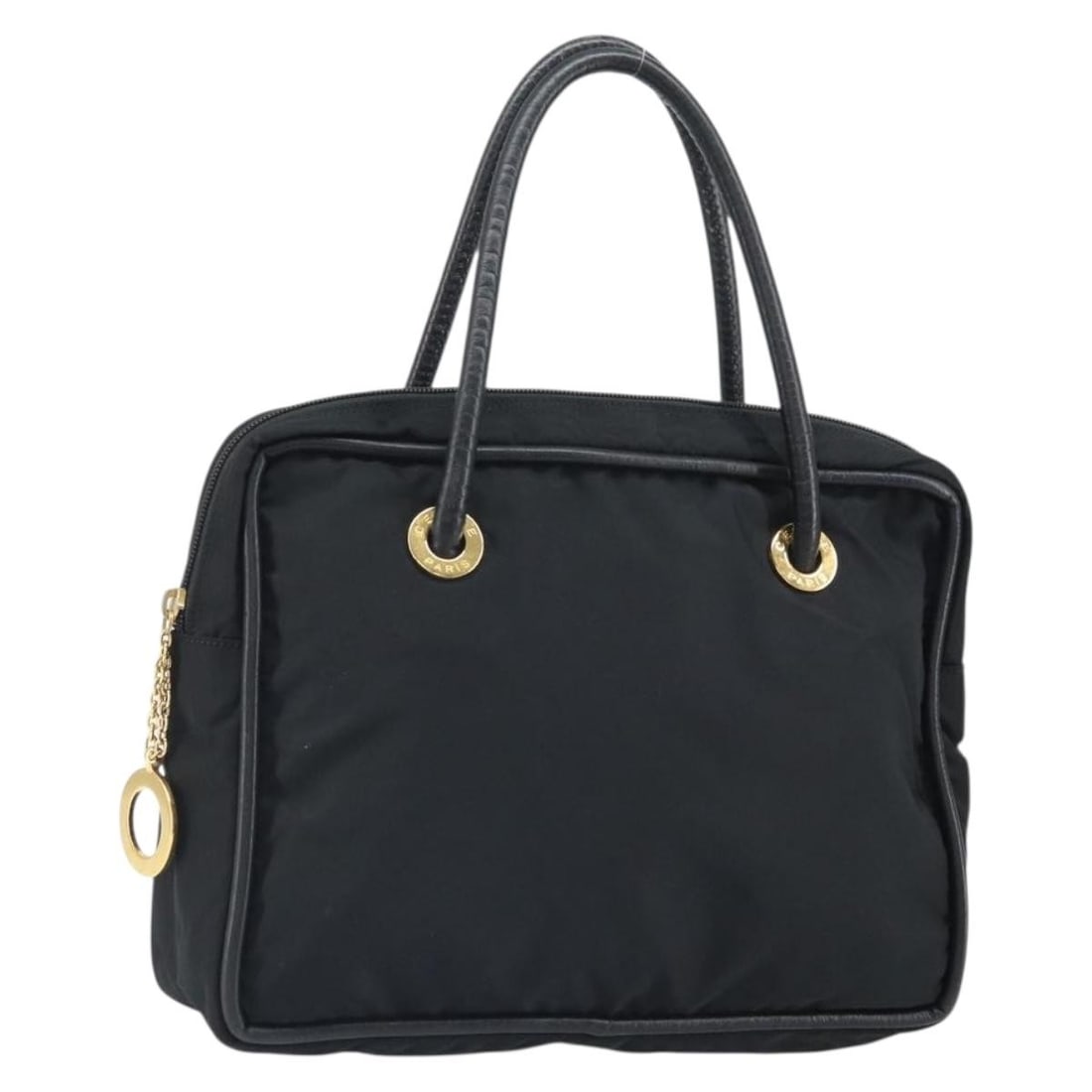 Black Nylon Celine Circle Handbag with Gold Tone Hardware: Black Nylon Celine Circle Handbag with Gold Tone Hardware This CELINE Circle handbag features a black nylon exterior with gold-tone accents. The bag is designed with a structured silhouette and includ