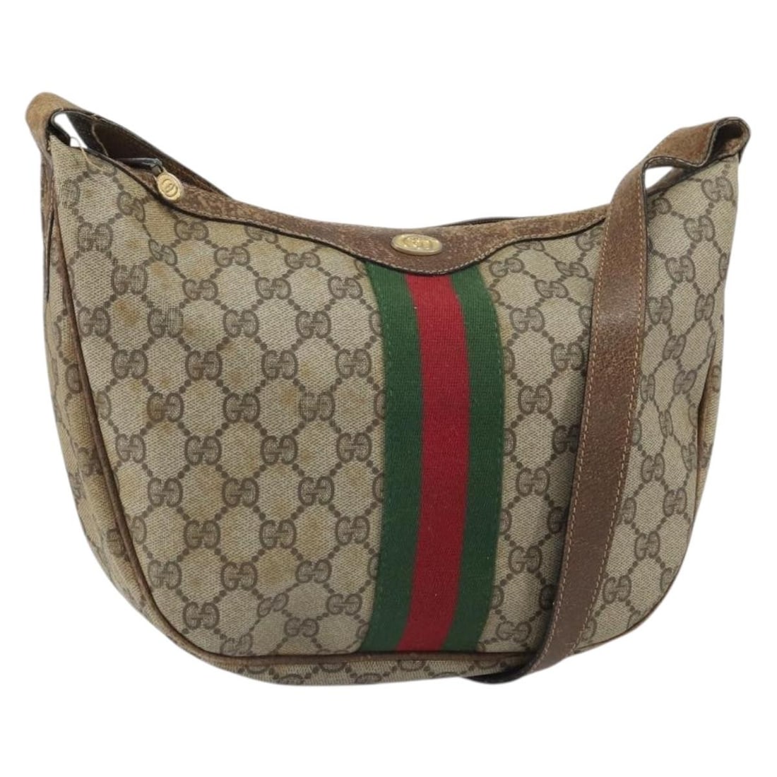 Beige GG Supreme Web Sherry Line Shoulder Bag by Gucci 010 378: Beige GG Supreme Web Sherry Line Shoulder Bag by Gucci 010 378 This is a GUCCI GG Supreme Web Sherry Line shoulder bag crafted from beige PVC leather and GG canvas. The bag features a classic design w