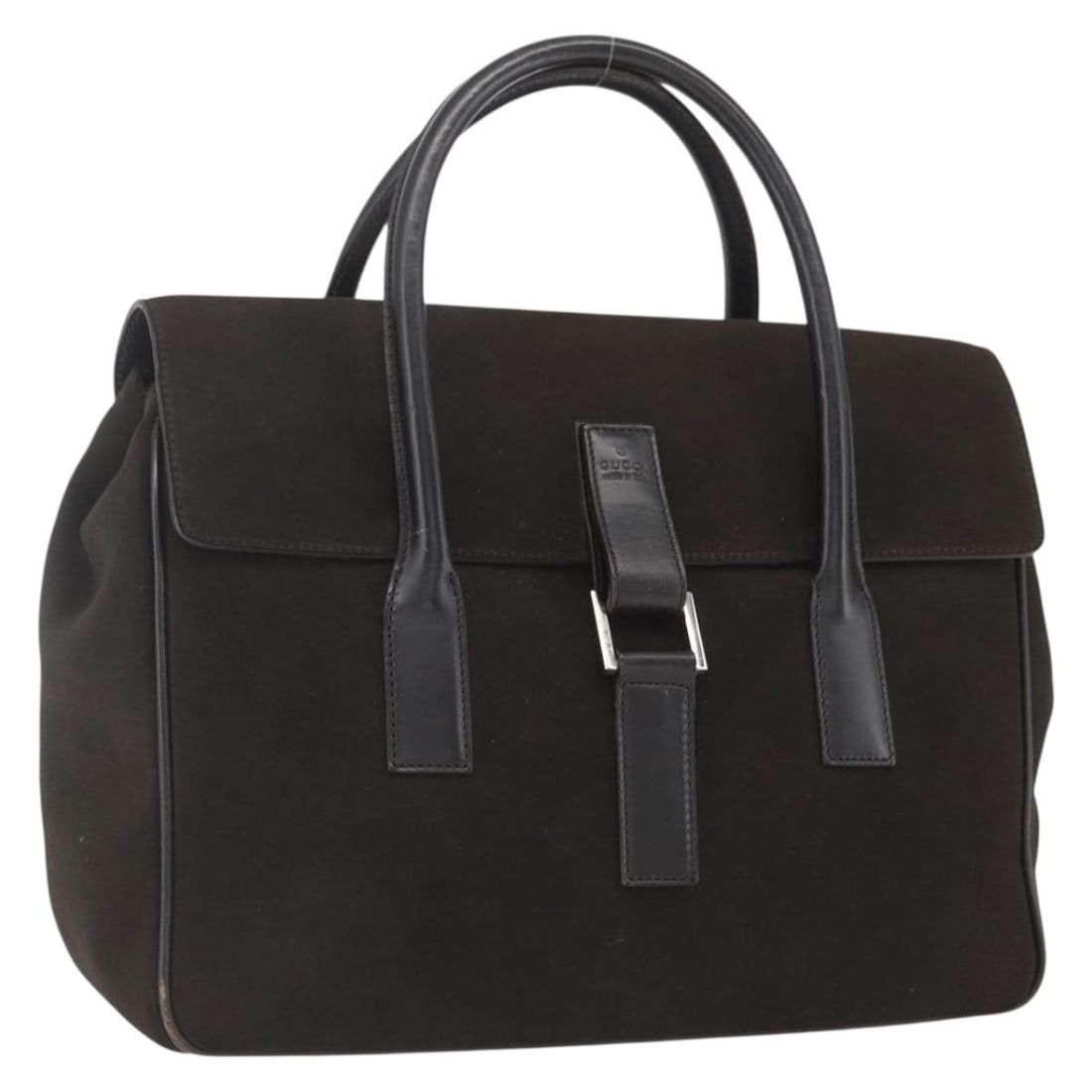 Gucci Brown Suede Handbag with Silver Accents Model 000 0844 Italy: Gucci Brown Suede Handbag with Silver Accents Model 000 0844 Italy This Gucci handbag features a brown suede exterior with silver-tone accents. Made in Italy, it offers a compact design with a handle