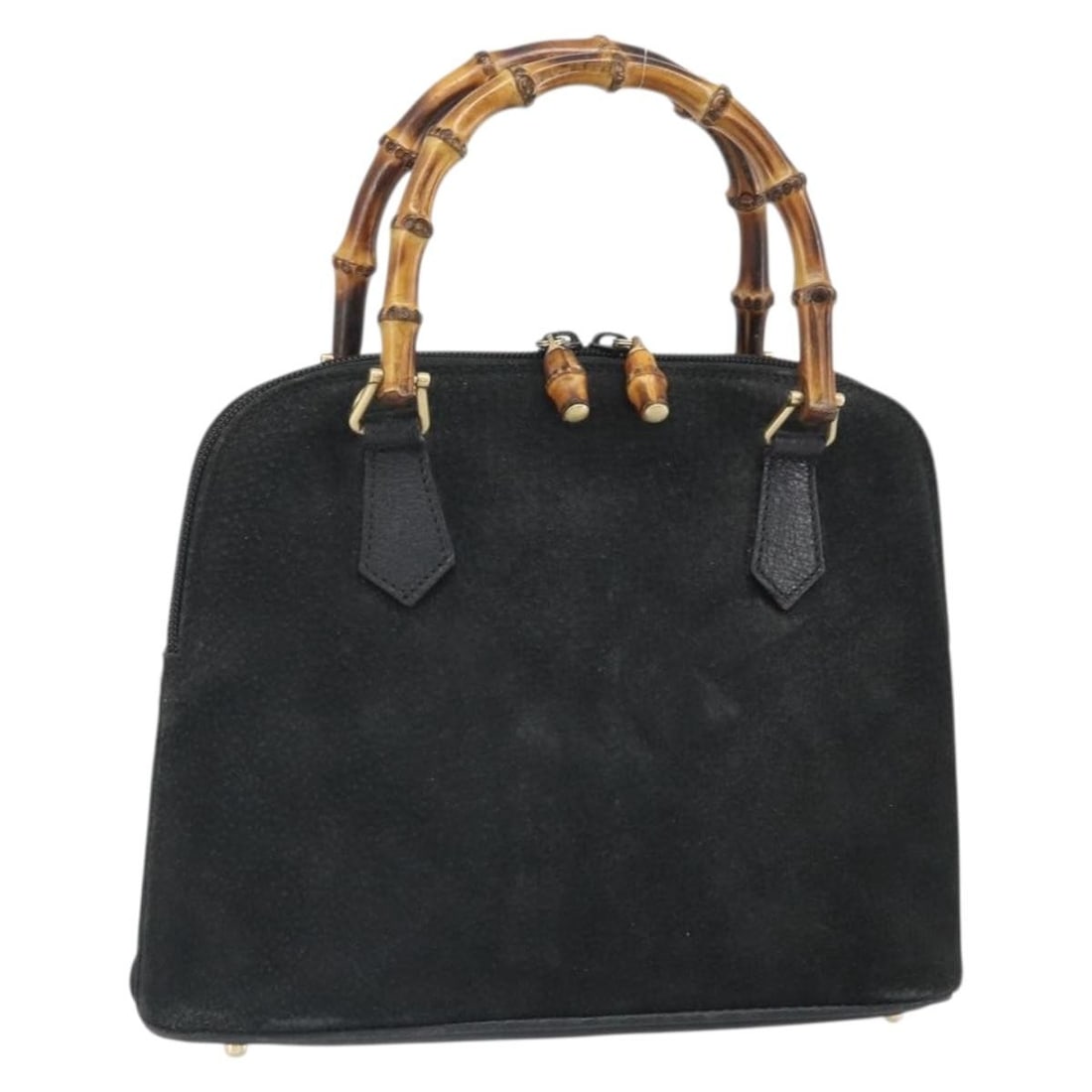 Gucci Bamboo Black Suede Handbag with Gold Accents Model 000 2865 0290: Gucci Bamboo Black Suede Handbag with Gold Accents Model 000 2865 0290 This is a Gucci Bamboo handbag crafted from black suede with gold-tone accents. Made in Italy, the bag features a bamboo handle,