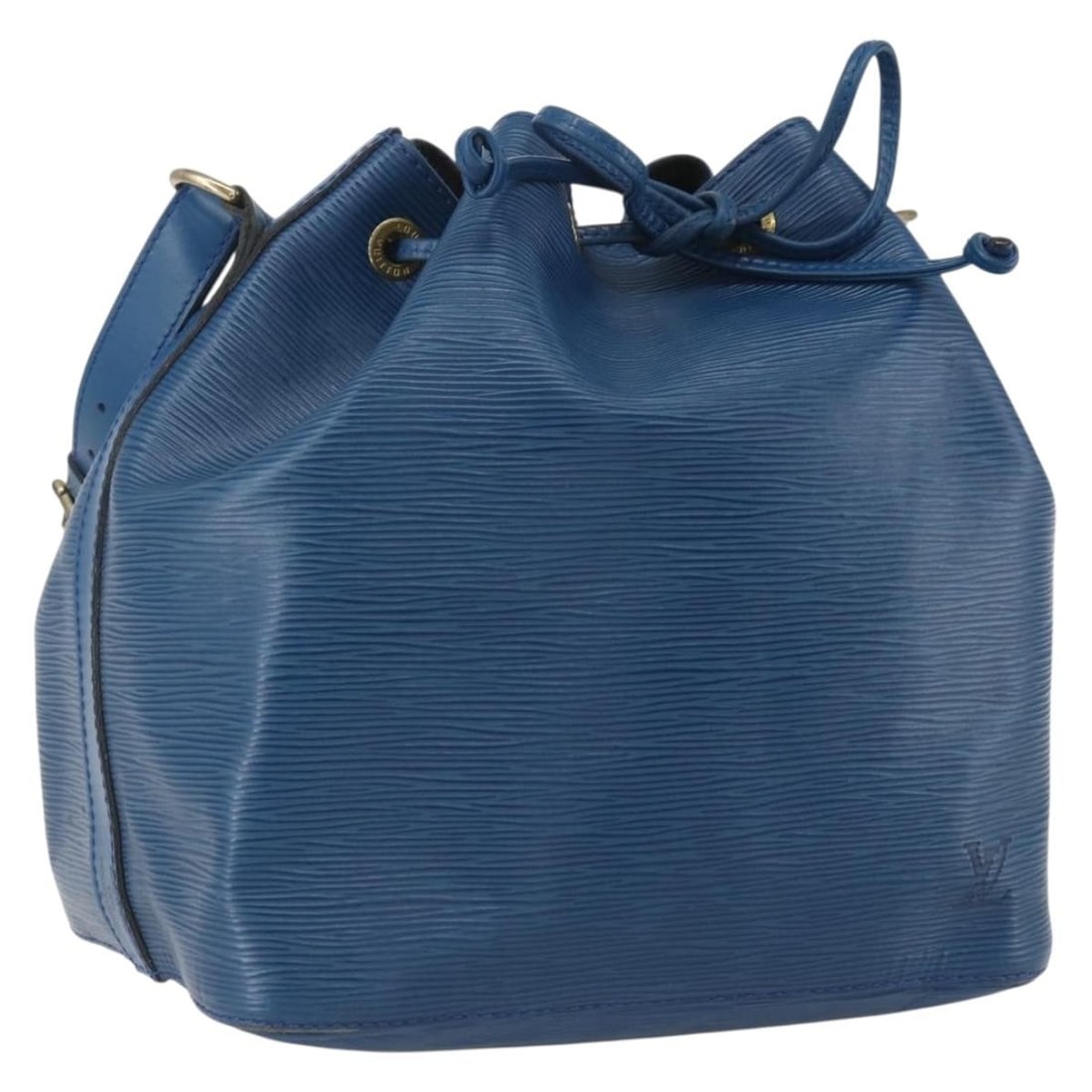 Blue Epi Leather Petit Noe Shoulder Bag by Louis Vuitton M44105: Blue Epi Leather Petit Noe Shoulder Bag by Louis Vuitton M44105 This Louis Vuitton Petit Noe shoulder bag features iconic Epi leather in blue with a structured silhouette. The bag is equipped with an