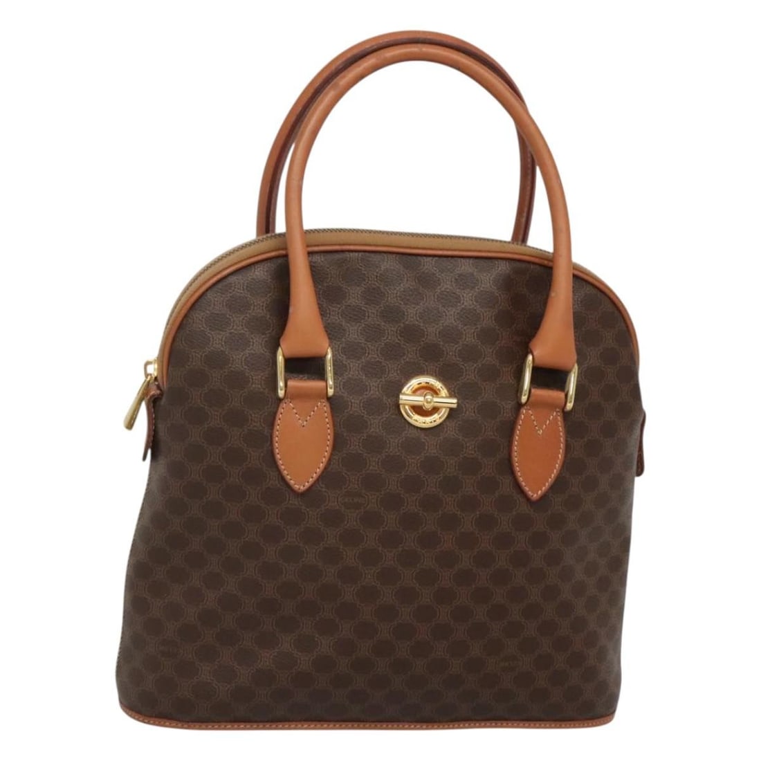 CELINE Macadam Canvas Hand Bag Brown Gold PVC Leather Italy: CELINE Macadam Canvas Hand Bag Brown Gold PVC Leather Italy This CELINE Macadam Canvas Hand Bag features a stylish blend of brown PVC leather and gold accents. Measuring approximately 10.6 inches in l