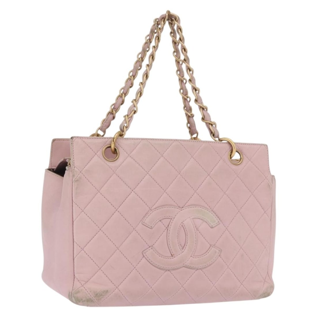 Chanel Pink Lambskin Matelasse Handbag with Gold Chain and CC Logo: Chanel Pink Lambskin Matelasse Handbag with Gold Chain and CC Logo This CHANEL Matelasse chain handbag is crafted from pink lambskin leather with gold-tone accents. It features a classic chain handle,