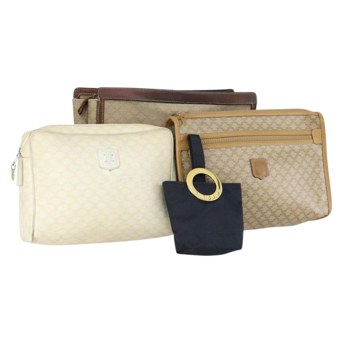 Set of 4 CELINE Beige White Macadam Canvas PVC Leather Clutch Bags: Set of 4 CELINE Beige White Macadam Canvas PVC Leather Clutch Bags This is a Celine Macadam clutch bag set featuring beige and white PVC leather and Macadam canvas. Made in Italy, these clutch bags sh