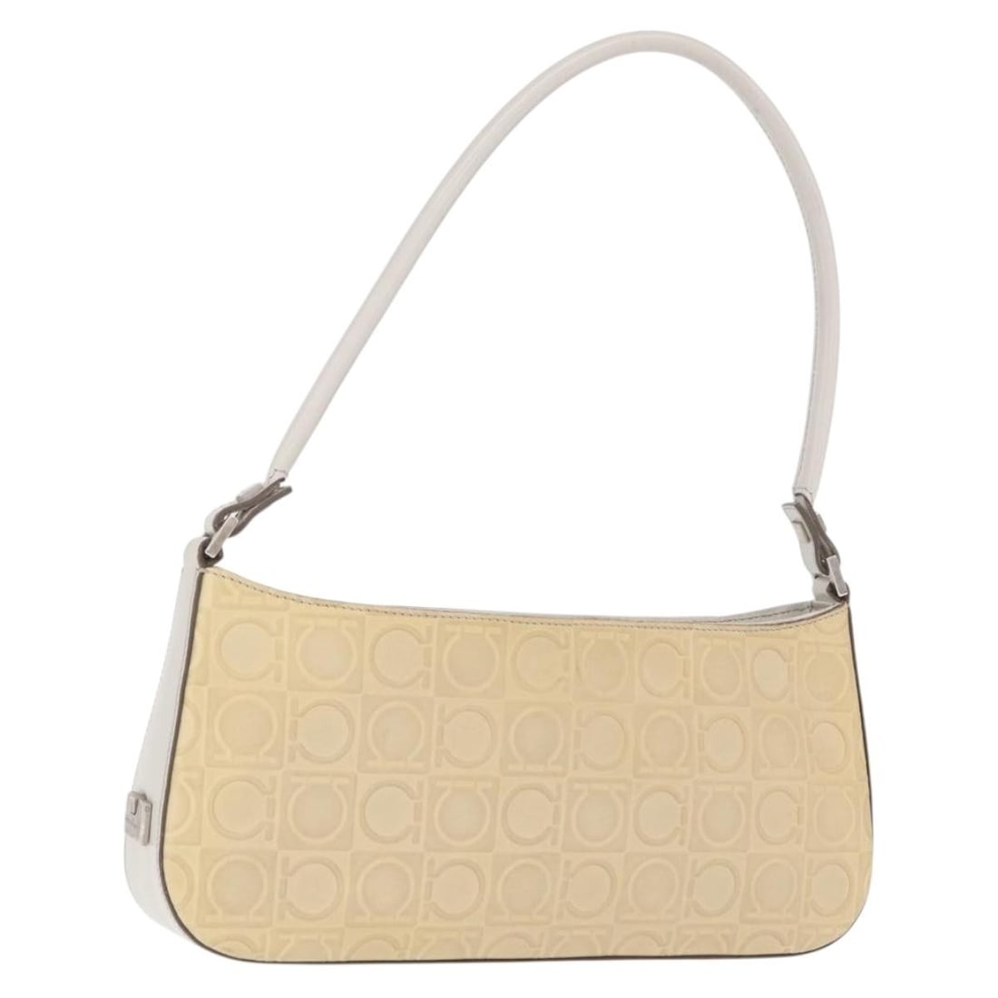 Beige Leather Salvatore Ferragamo Handbag with Silver Accents Made in Italy: Beige Leather Salvatore Ferragamo Handbag with Silver Accents Made in Italy This Salvatore Ferragamo handbag features a beige and silver leather exterior and is crafted in Italy. The bag shows signs o