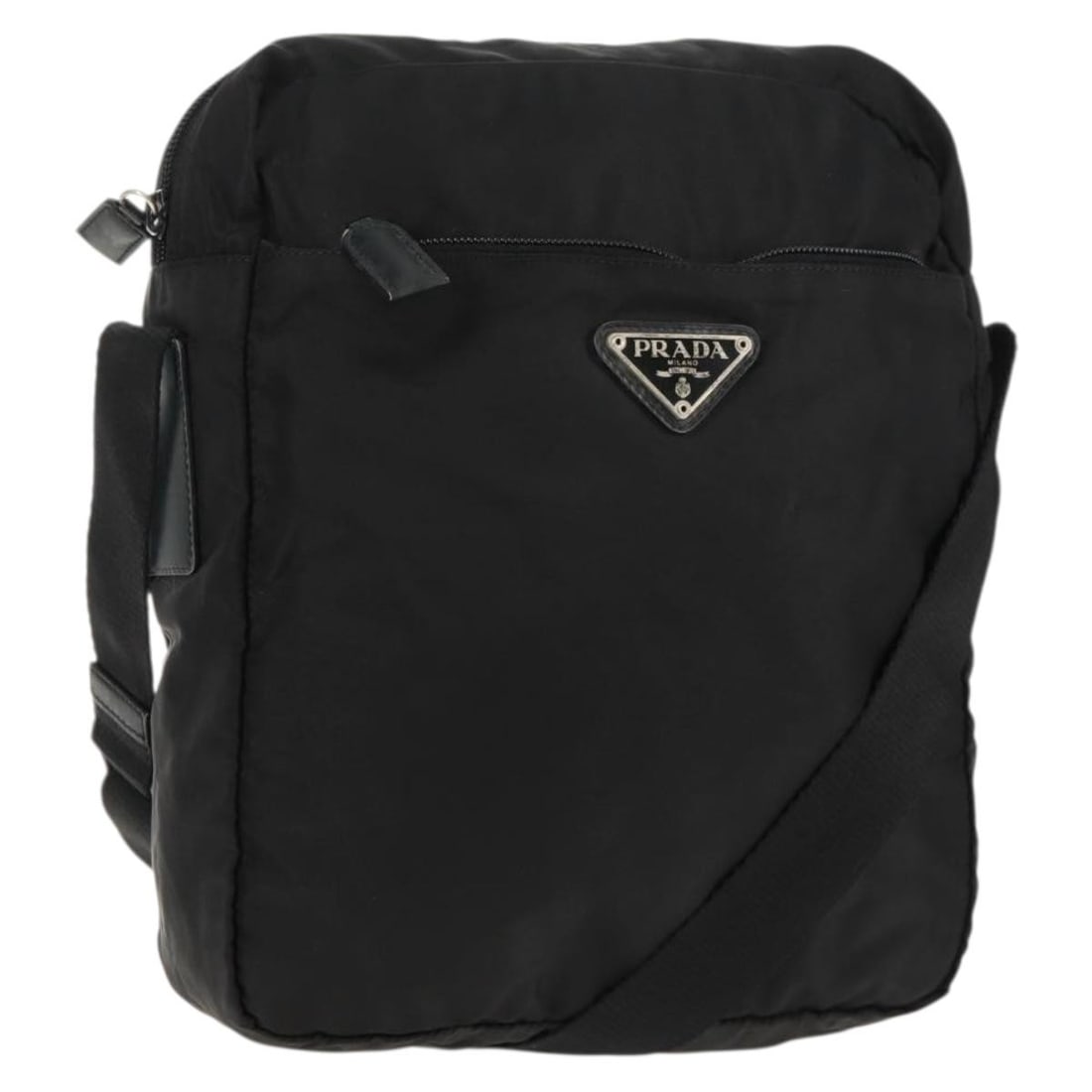 Prada Black Nylon Shoulder Handbag with Silver Accents from Italy: Prada Black Nylon Shoulder Handbag with Silver Accents from Italy This PRADA shoulder bag features a sleek black nylon exterior with silver-tone accents. Made in Italy, it offers a practical and styli