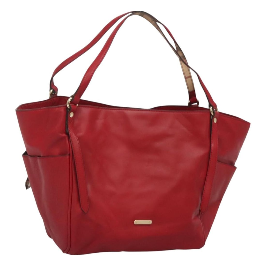 BURBERRY Red Leather Tote Bag Gold Hardware Auth 125684: BURBERRY Red Leather Tote Bag Gold Hardware Auth 125684 This BURBERRY tote bag is a stylish and functional accessory made from high-quality leather in a striking red and gold color combination. Measur