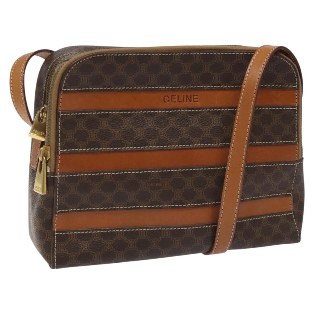 CELINE Macadam Canvas Shoulder Bag PVC Beige Brown Gold Made in Italy: CELINE Macadam Canvas Shoulder Bag PVC Beige Brown Gold Made in Italy This Celine Macadam Canvas Shoulder Bag is a stylish accessory crafted from durable PVC leather. The bag features a sophisticated