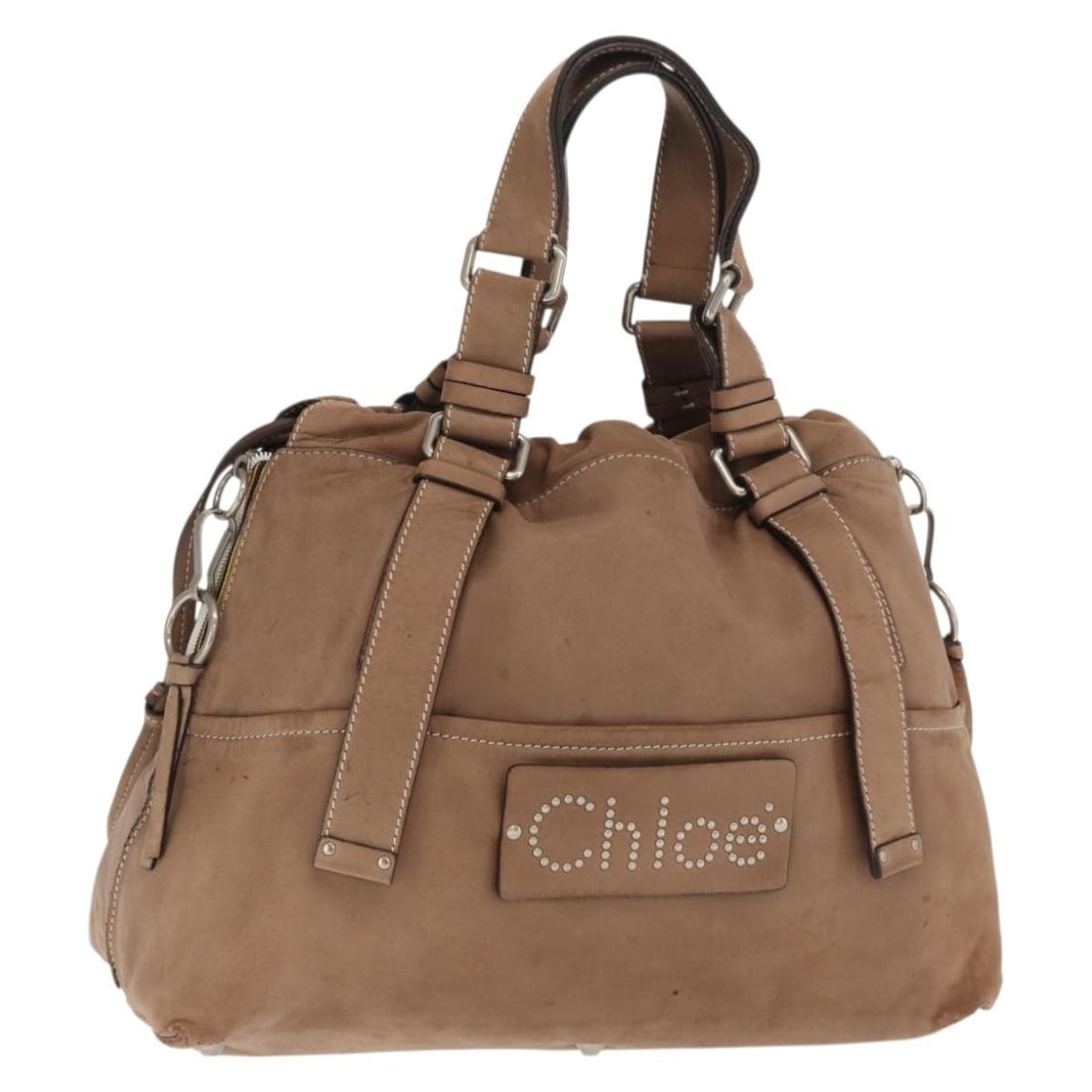 Beige and Silver Leather Handbag by Chloe Romania: Beige and Silver Leather Handbag by Chloe Romania This Chloe handbag is crafted from beige and silver leather and features a structured silhouette. The bag shows notable signs of wear, including shape