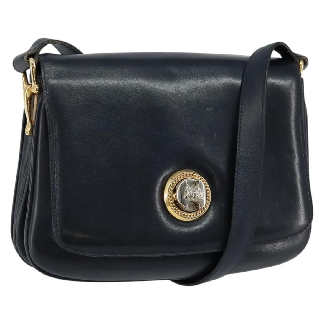 CELINE Navy Leather Horse Carriage Shoulder Bag Italy: CELINE Navy Leather Horse Carriage Shoulder Bag Italy Elevate your accessory collection with this authentic CELINE Horse Carriage Shoulder Bag, crafted from luxurious navy leather. Designed for functi