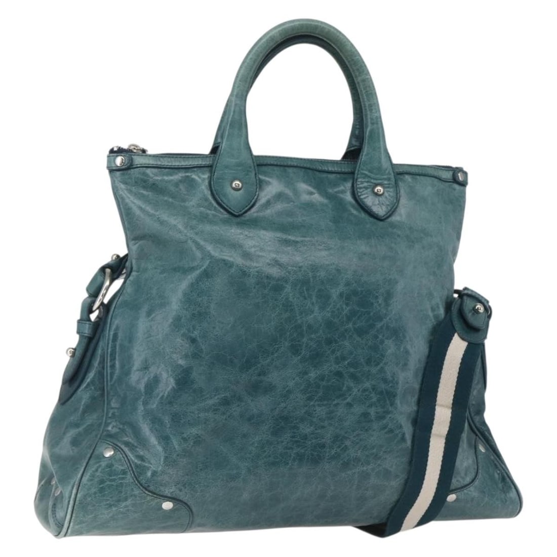 Leather Bally 2way Handbag in Green and Silver from Switzerland: Leather Bally 2way Handbag in Green and Silver from Switzerland This Bally handbag features a two-way design crafted from leather in green and silver tones. It has a shoulder strap with an adjustable
