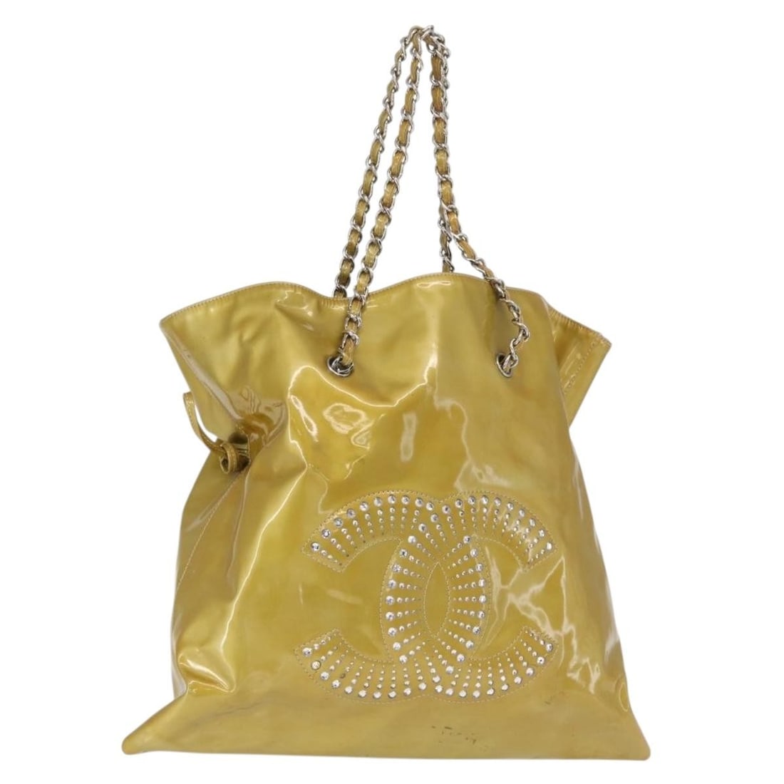 Yellow Patent Leather COCO Mark Chain Tote by CHANEL with Silver CC Logo: Yellow Patent Leather COCO Mark Chain Tote by CHANEL with Silver CC Logo This is a CHANEL Coco Mark chain tote bag crafted from patent leather in yellow with silver-tone accents. The bag features a sp