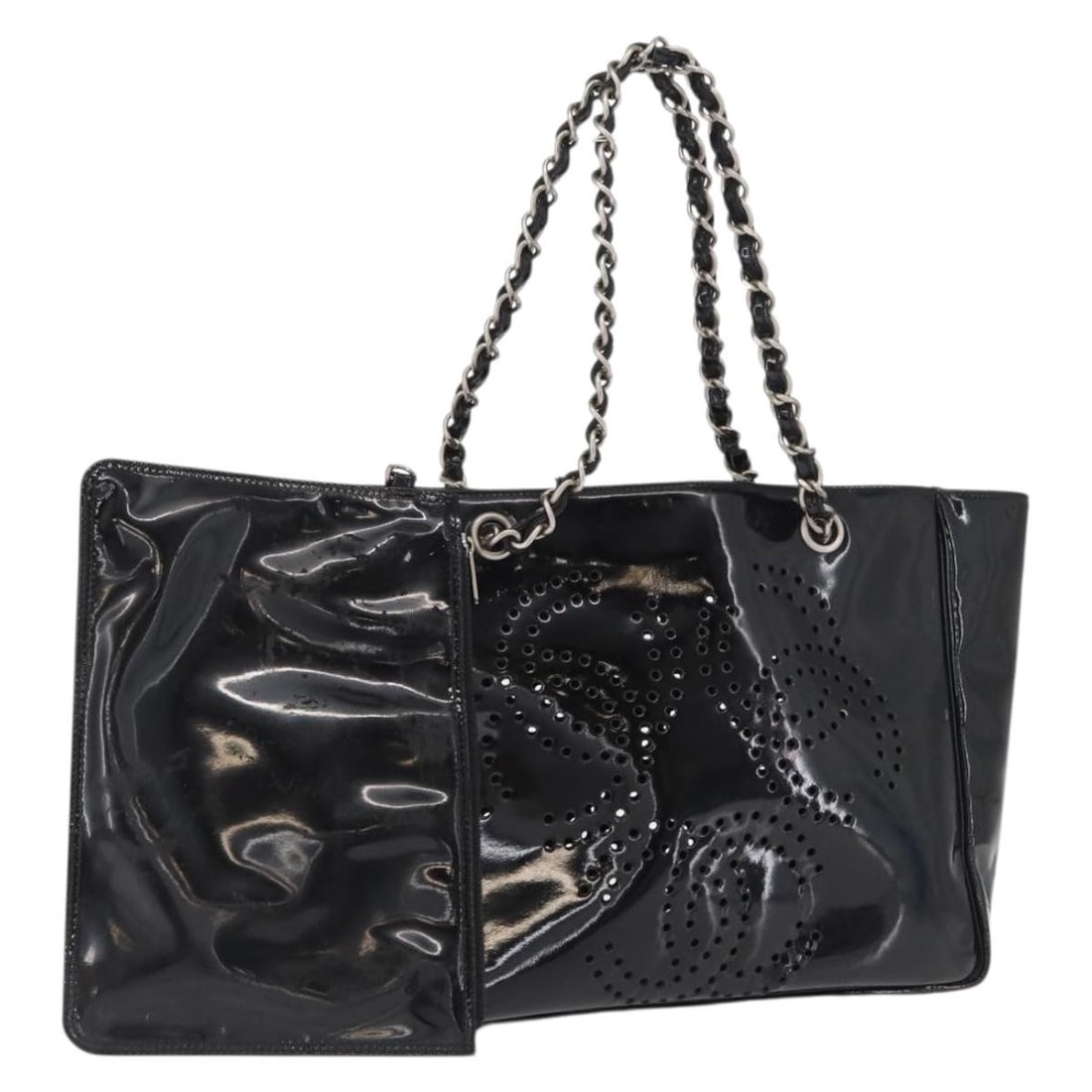 Chanel Black Patent Leather Tote with Chain Handles and Silver CC Logo: Chanel Black Patent Leather Tote with Chain Handles and Silver CC Logo This CHANEL chain tote bag is crafted from black patent leather with silver-tone accents. The bag features dual handles, a spacio