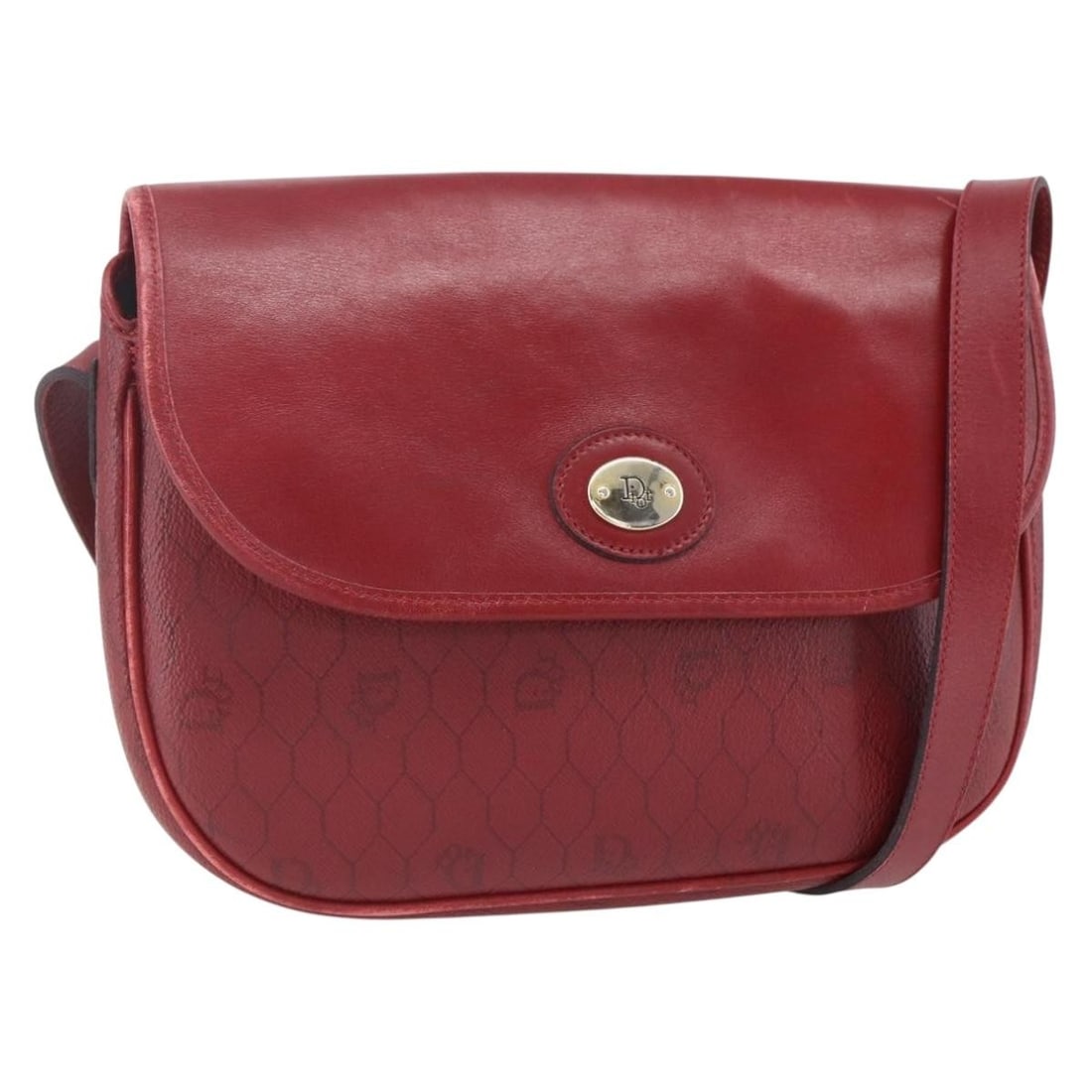 Christian Dior Red Gold Honeycomb Canvas Shoulder Bag PVC Auth BA8404: Christian Dior Red Gold Honeycomb Canvas Shoulder Bag PVC Auth BA8404 This Christian Dior Honeycomb Canvas Shoulder Bag is a stylish accessory crafted from durable PVC leather, featuring a vibrant red