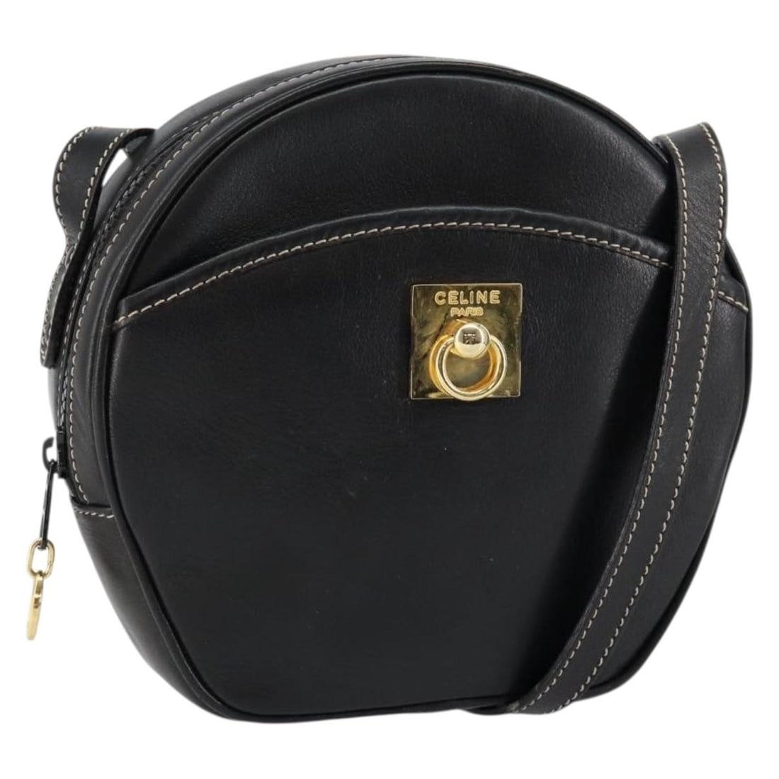 CELINE Black Leather Shoulder Bag with Gold Accents Made in Italy: CELINE Black Leather Shoulder Bag with Gold Accents Made in Italy This CELINE shoulder bag is a stylish and sophisticated accessory crafted from premium leather. Featuring a classic black and gold col