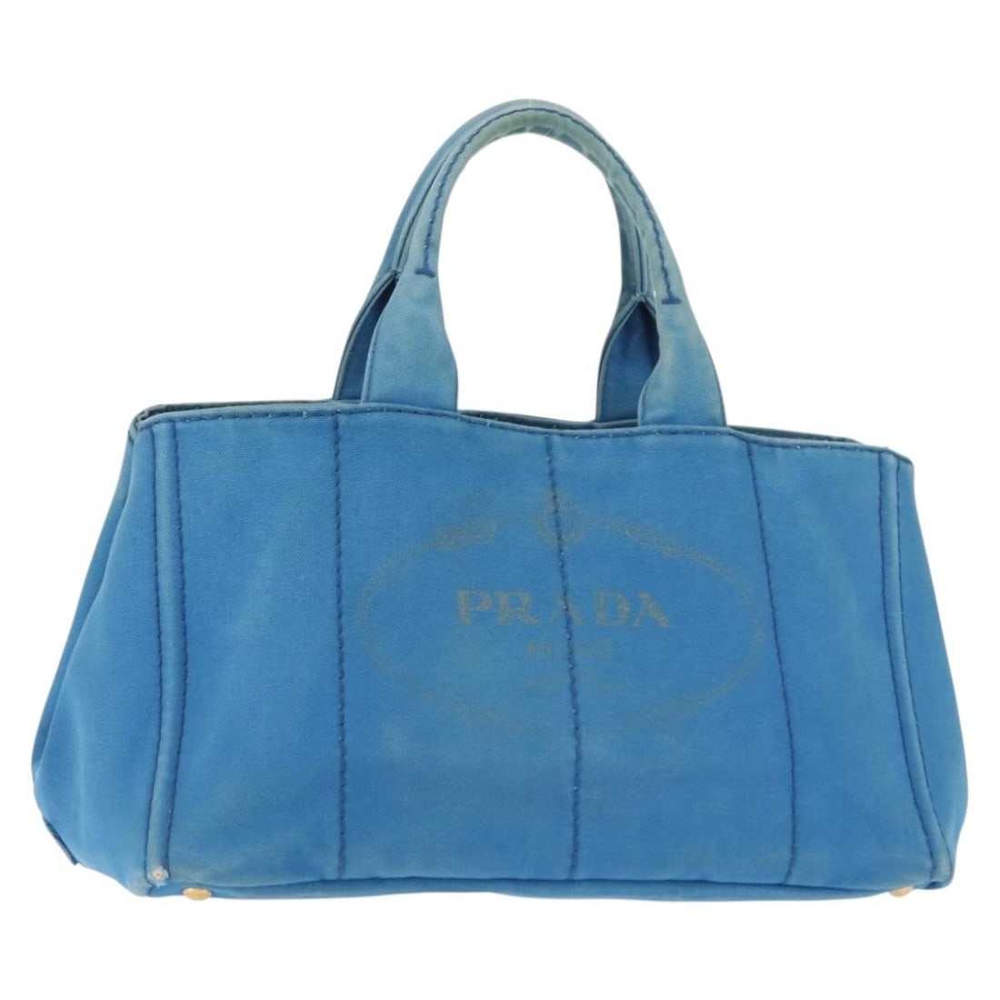 PRADA Canapa GM Blue Gold Canvas Hand Bag Italy Auth am9265 (1 of 18)