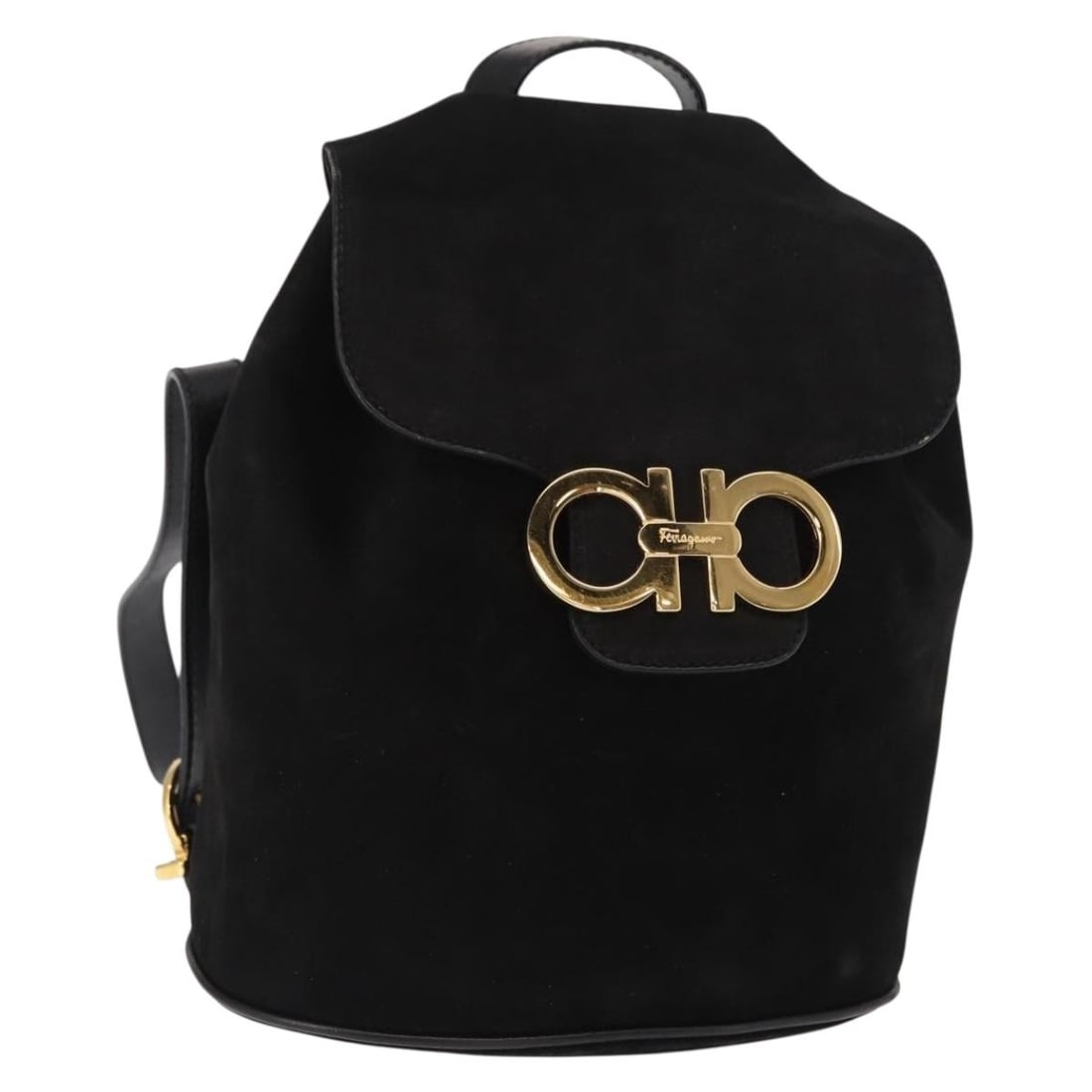 Salvatore Ferragamo Gancini Suede Backpack Black Gold Authentic: Salvatore Ferragamo Gancini Suede Backpack Black Gold Authentic Discover the elegance of the Salvatore Ferragamo Gancini Backpack, crafted in Italy from luxurious black suede with gold accents. This s