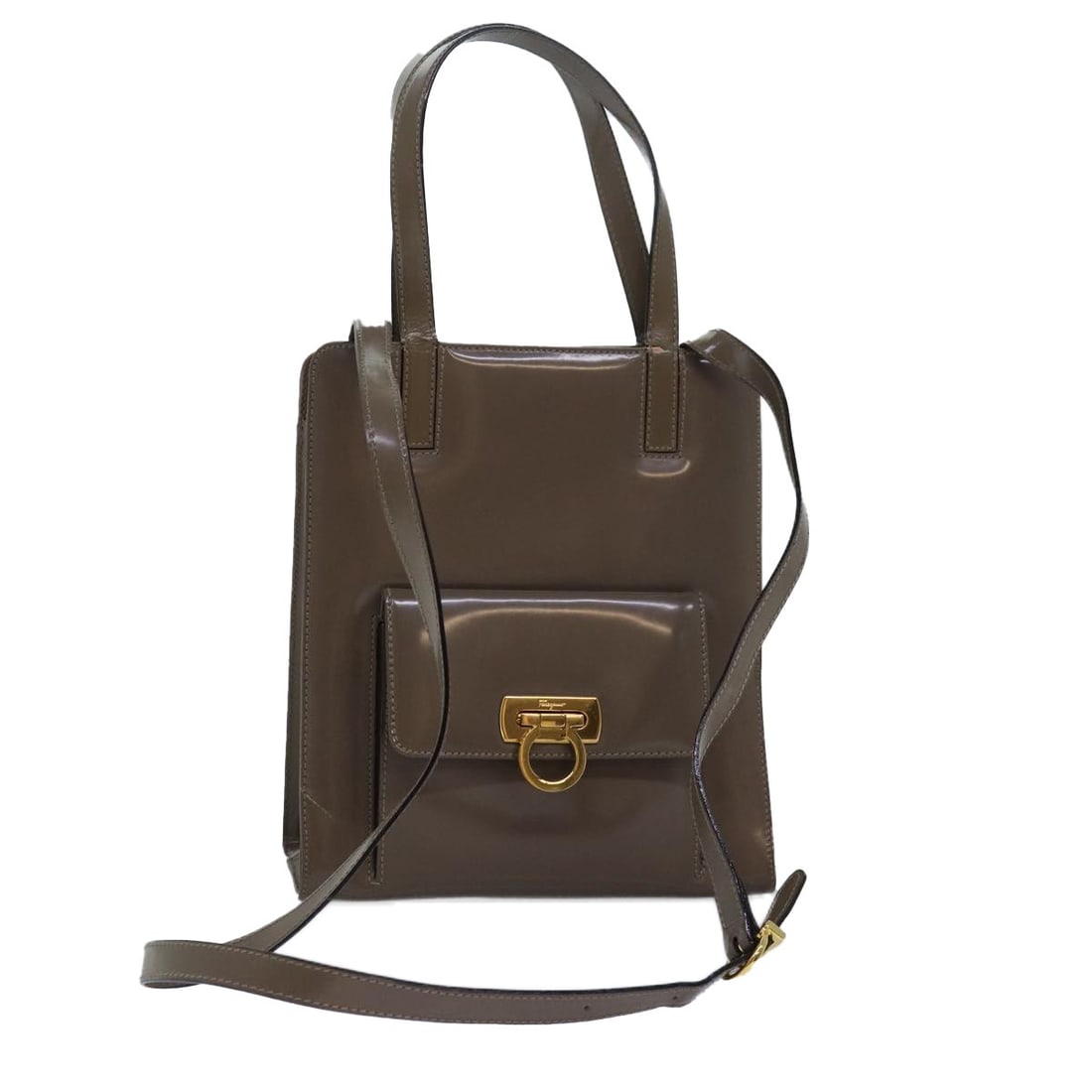 Salvatore Ferragamo Gray Enamel Gancini 2-Way Hand Bag Authentic Italy: Salvatore Ferragamo Gray Enamel Gancini 2-Way Hand Bag Authentic Italy This elegant Salvatore Ferragamo Gancini Hand Bag showcases a chic gray enamel exterior that exemplifies Italian craftsmanship. M