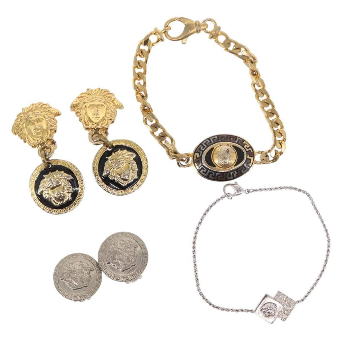 VERSACE 4 Piece Metal Necklace Set Gold Silver Authentic: VERSACE 4 Piece Metal Necklace Set Gold Silver Authentic Introducing a striking necklace set from VERSACE, beautifully crafted from durable metal and featuring an elegant blend of gold and silver tone