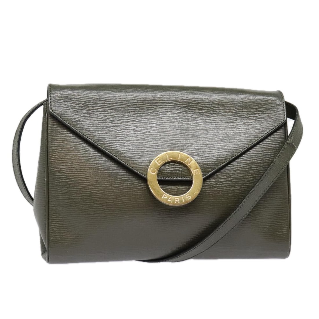 CELINE Khaki Gold Circle Shoulder Bag Leather Made in Italy Auth 91293: CELINE Khaki Gold Circle Shoulder Bag Leather Made in Italy Auth 91293 This CELINE Circle Shoulder Bag combines elegance with practicality, featuring a chic khaki and gold color scheme. Crafted from h