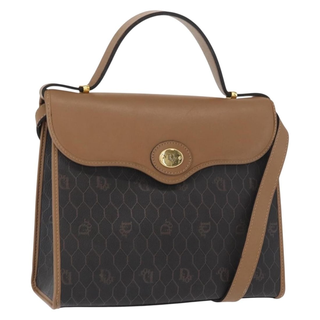 Black Honeycomb PVC Leather Dior Handbag with Gold Shoulder Strap: Black Honeycomb PVC Leather Dior Handbag with Gold Shoulder Strap This Christian Dior Honeycomb hand bag features a black and gold exterior crafted from PVC leather and honeycomb canvas. The bag offer